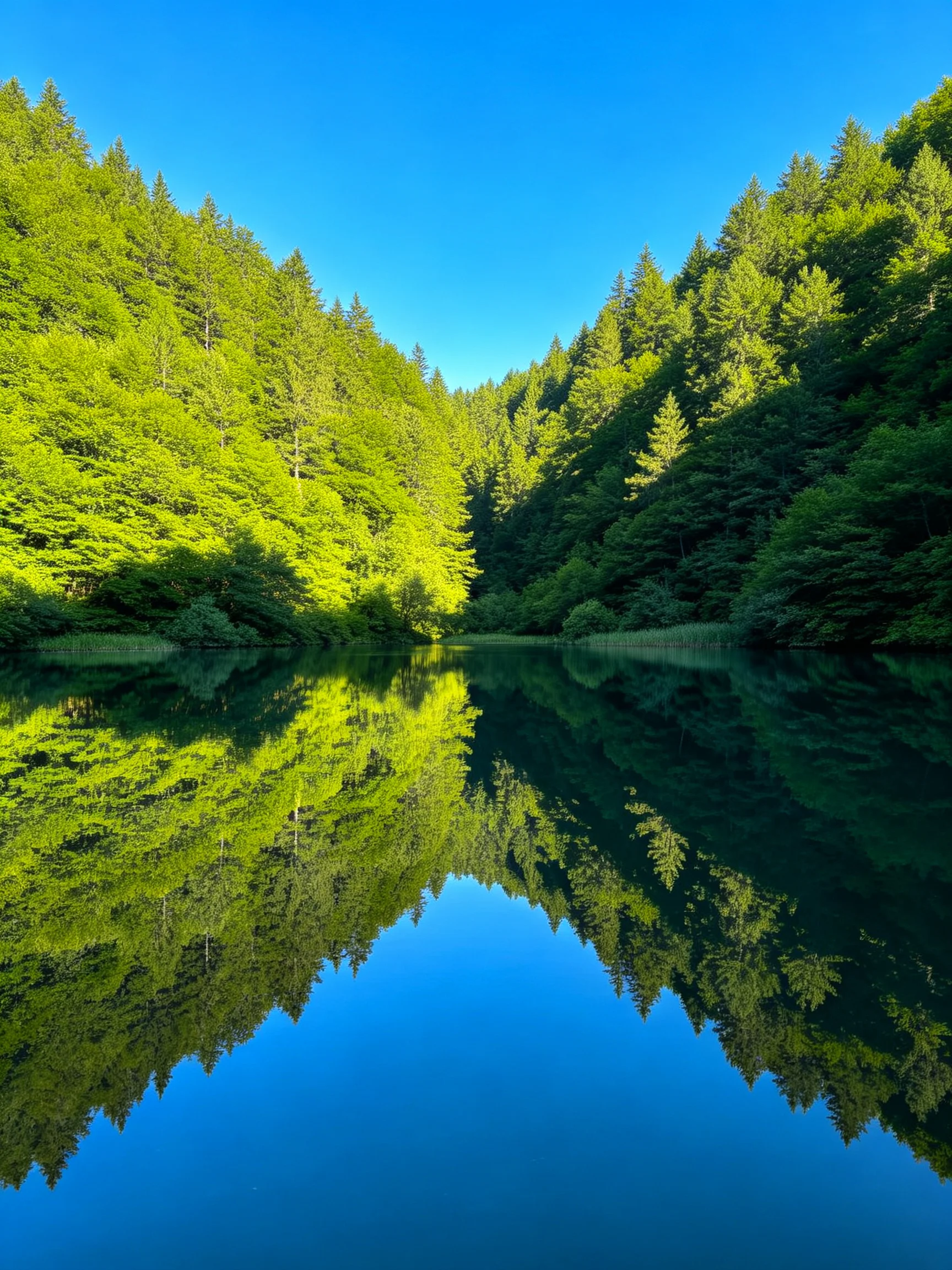 Lush green forests reflected in calm blue lake waters