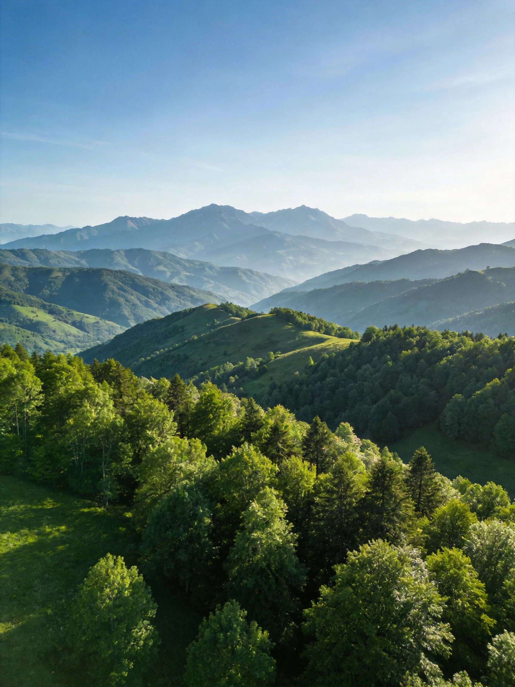 Lush green forests, rolling hills, and layered mountains beneath clear blue sky
