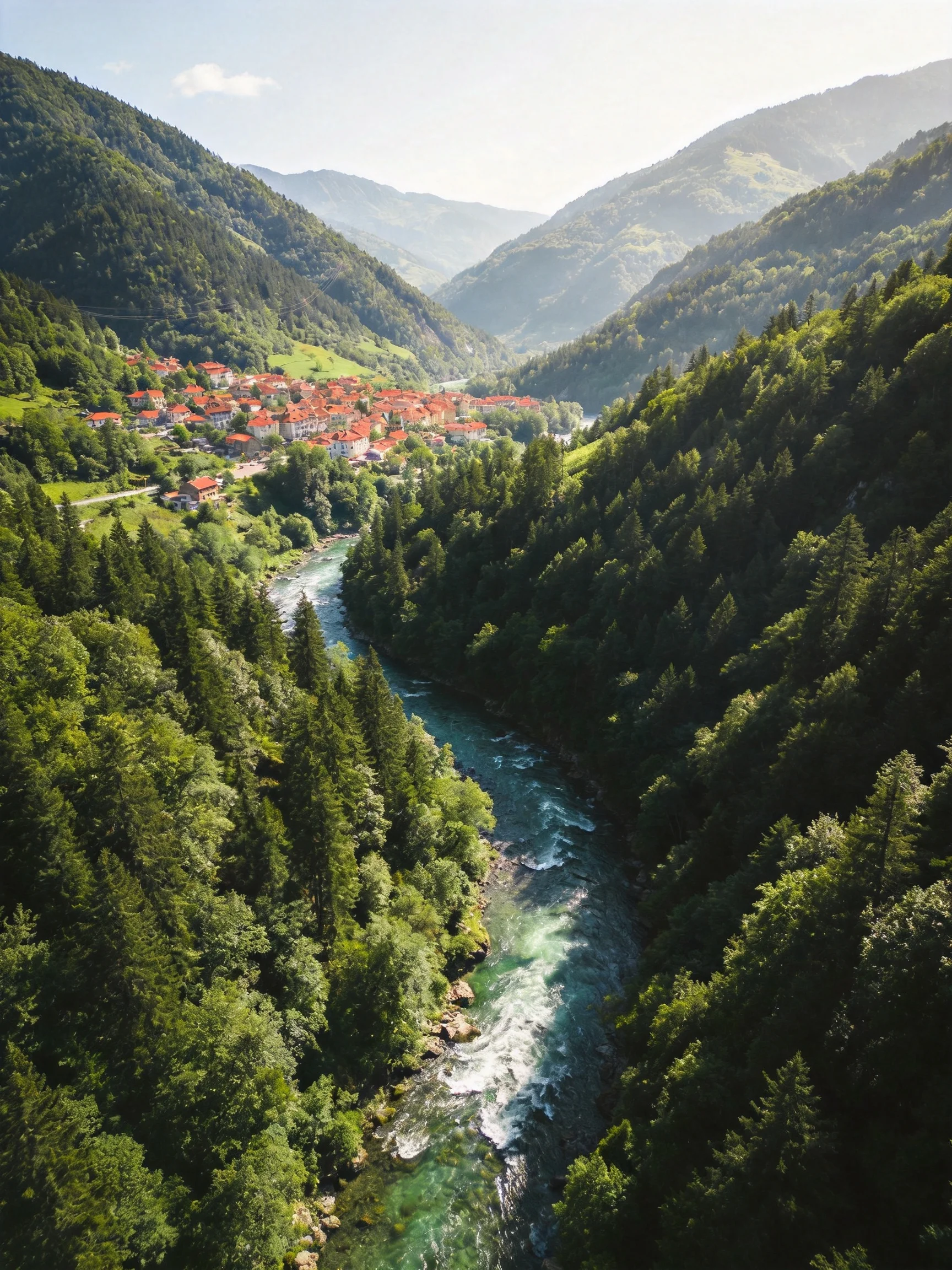 Lush green forests surround a winding turquoise river and red-roofed village