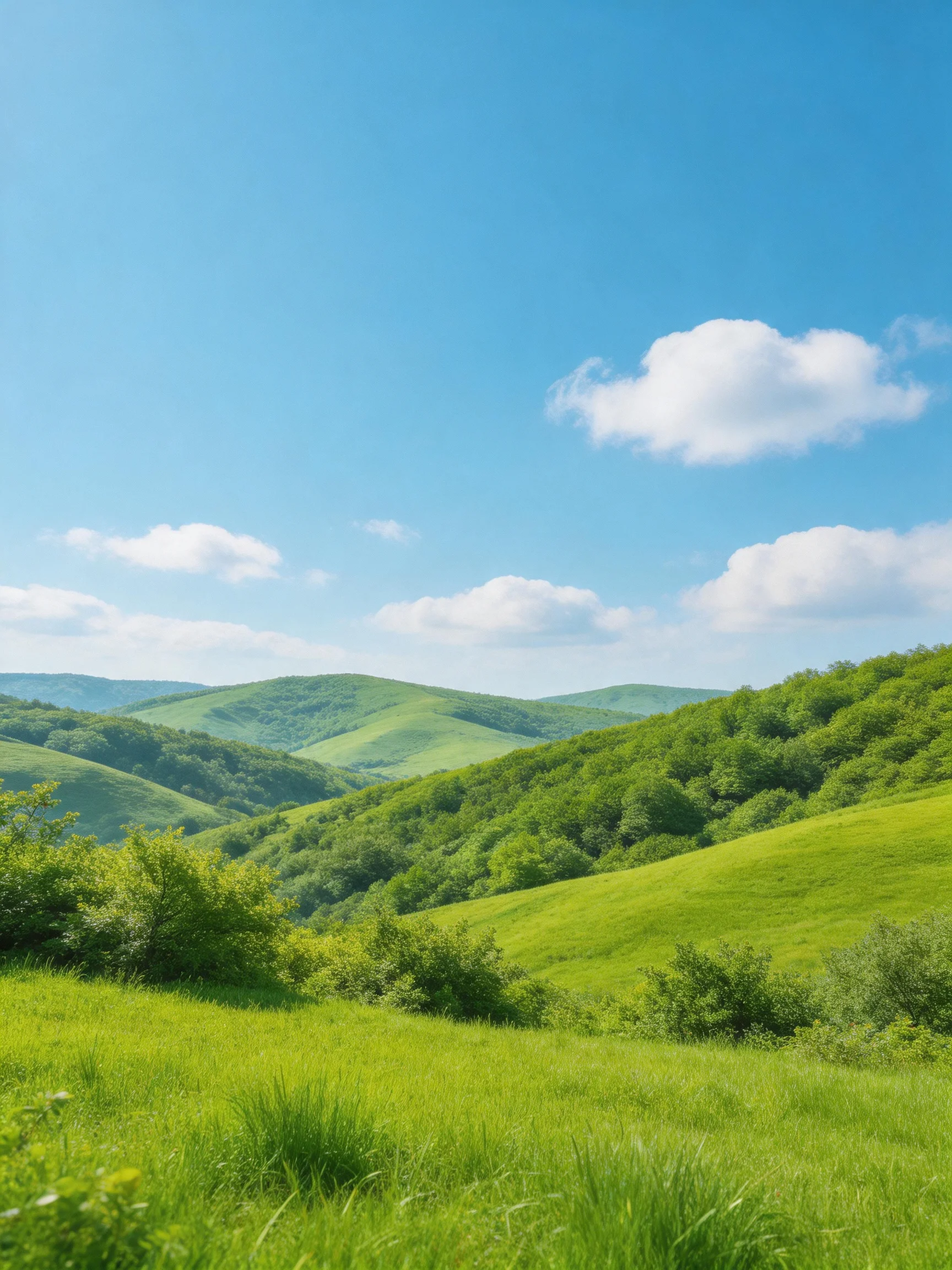 Lush green hills and forested valleys under clear blue sky