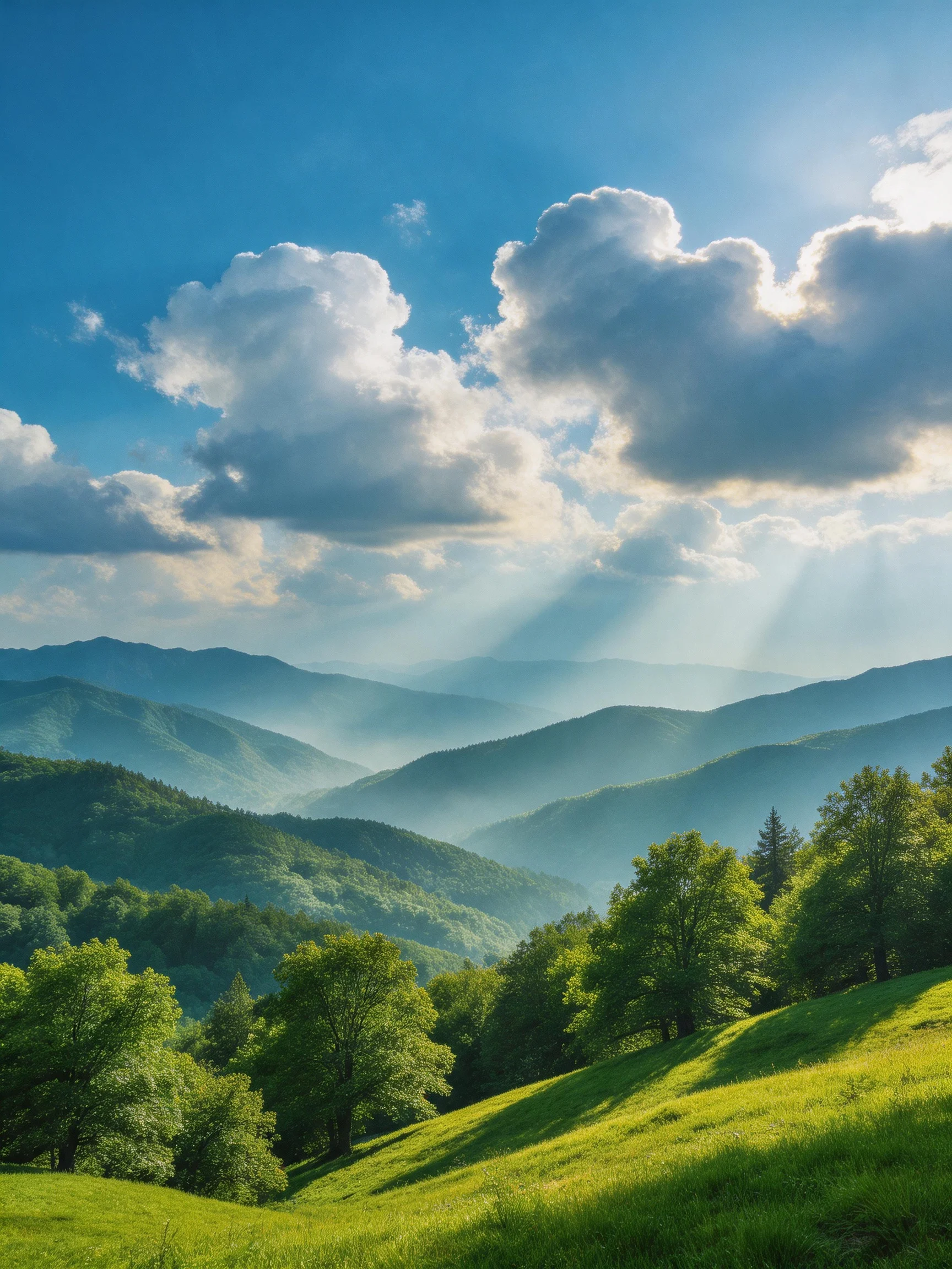 Lush green hills and forests near layered mountain ranges under sunny sky