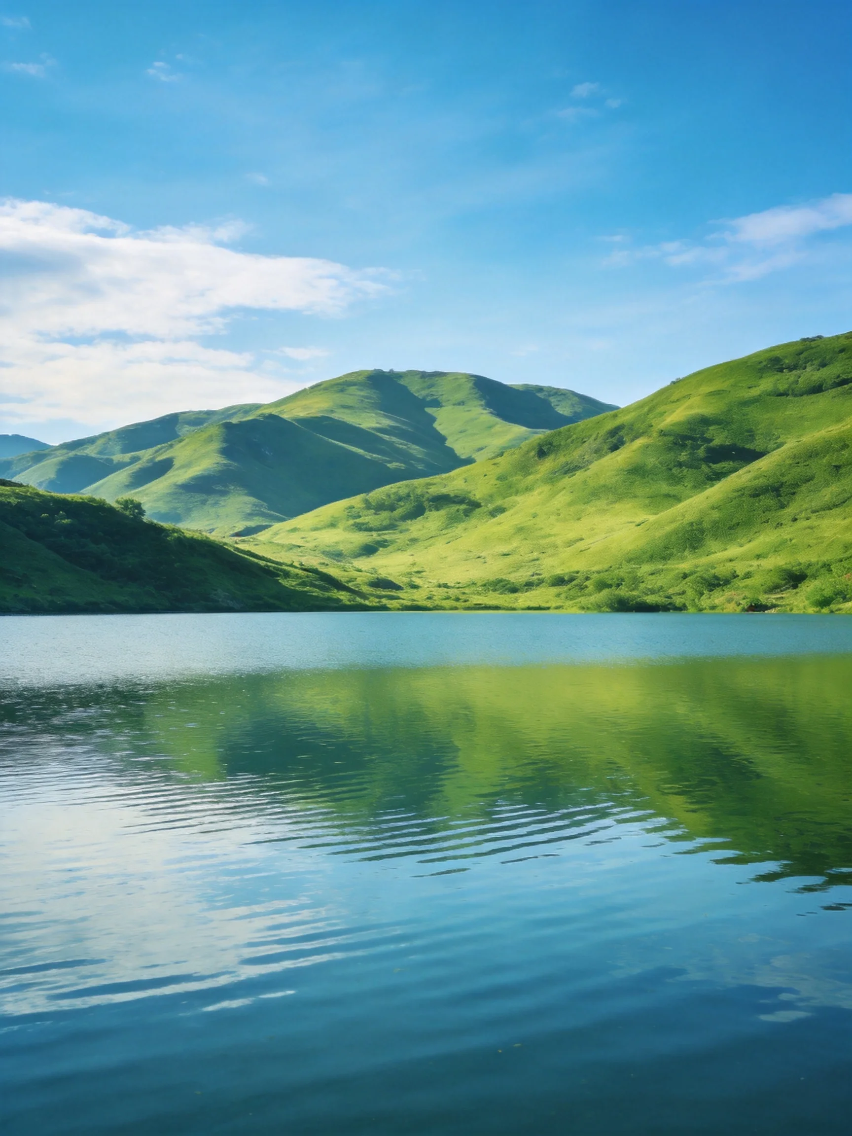 Lush green hills reflect in a calm blue lake under clear sky