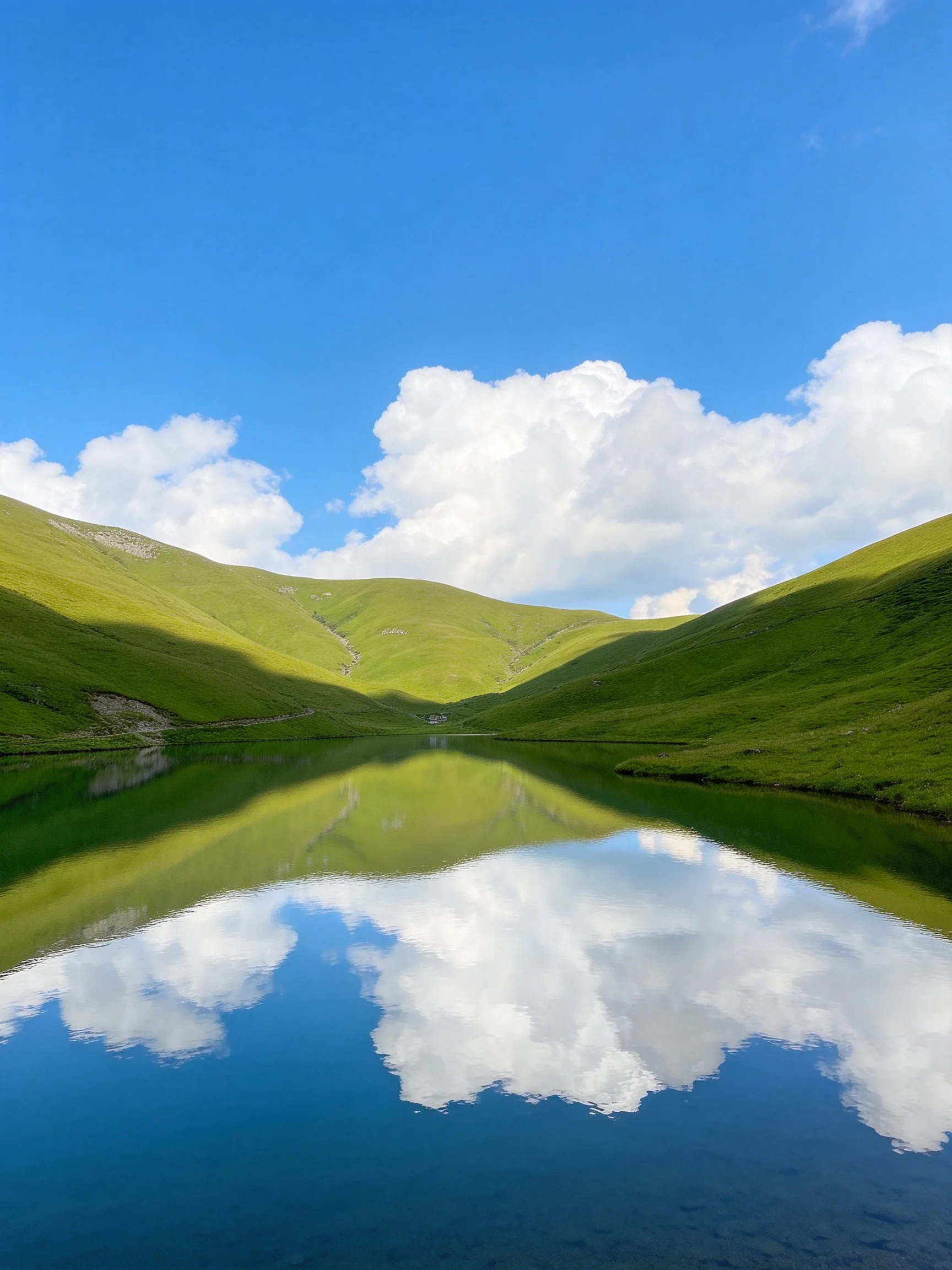 Lush green hills reflect in calm blue lake waters under bright sky