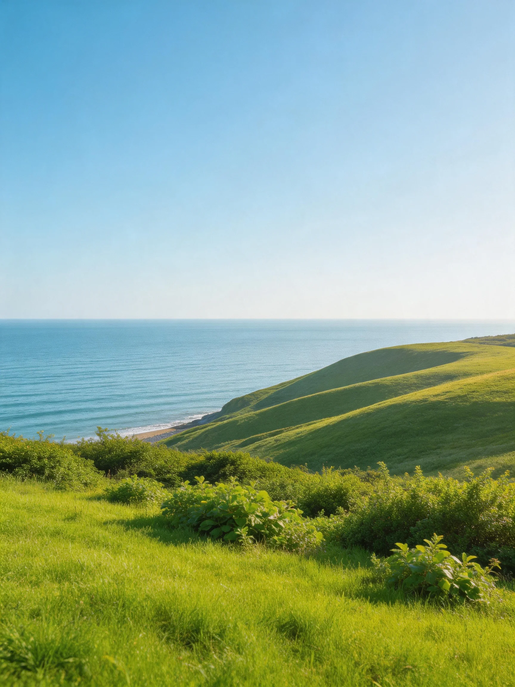 Lush green hills slope toward serene blue ocean under clear sky