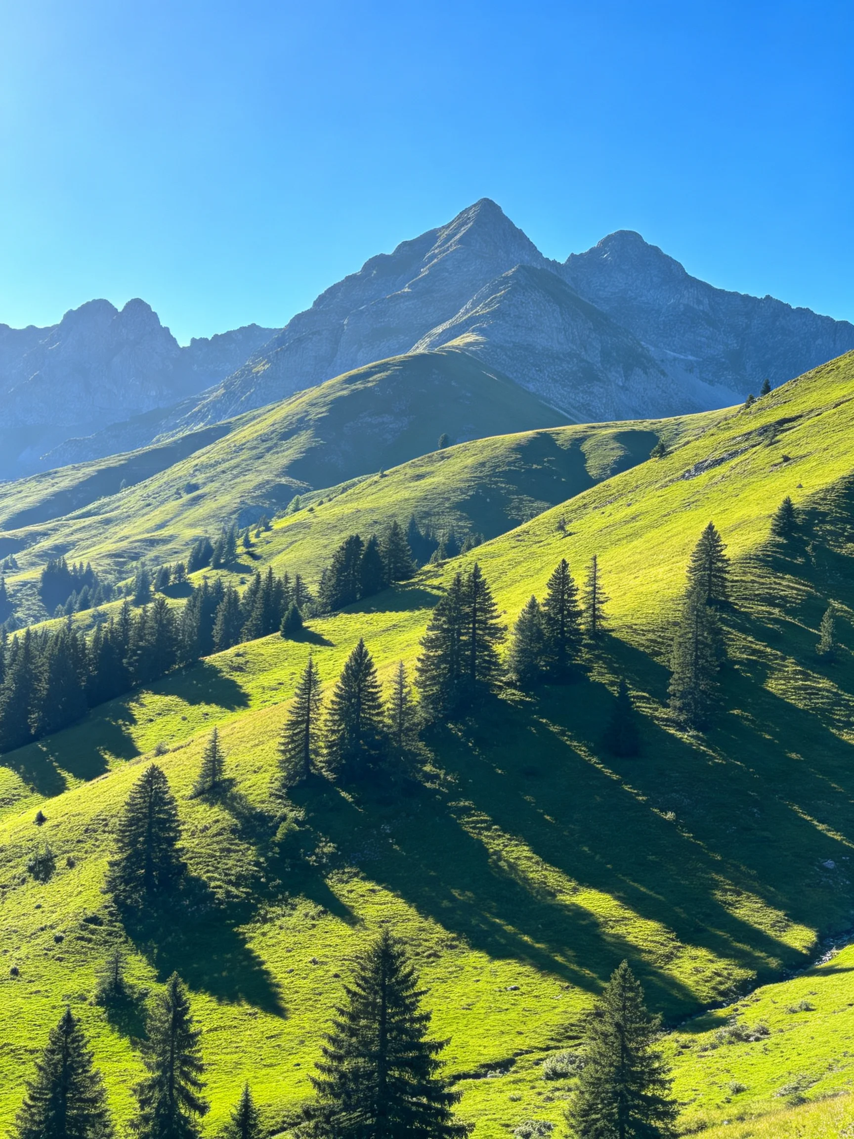 Lush green hills with scattered pine trees and rocky mountain peaks