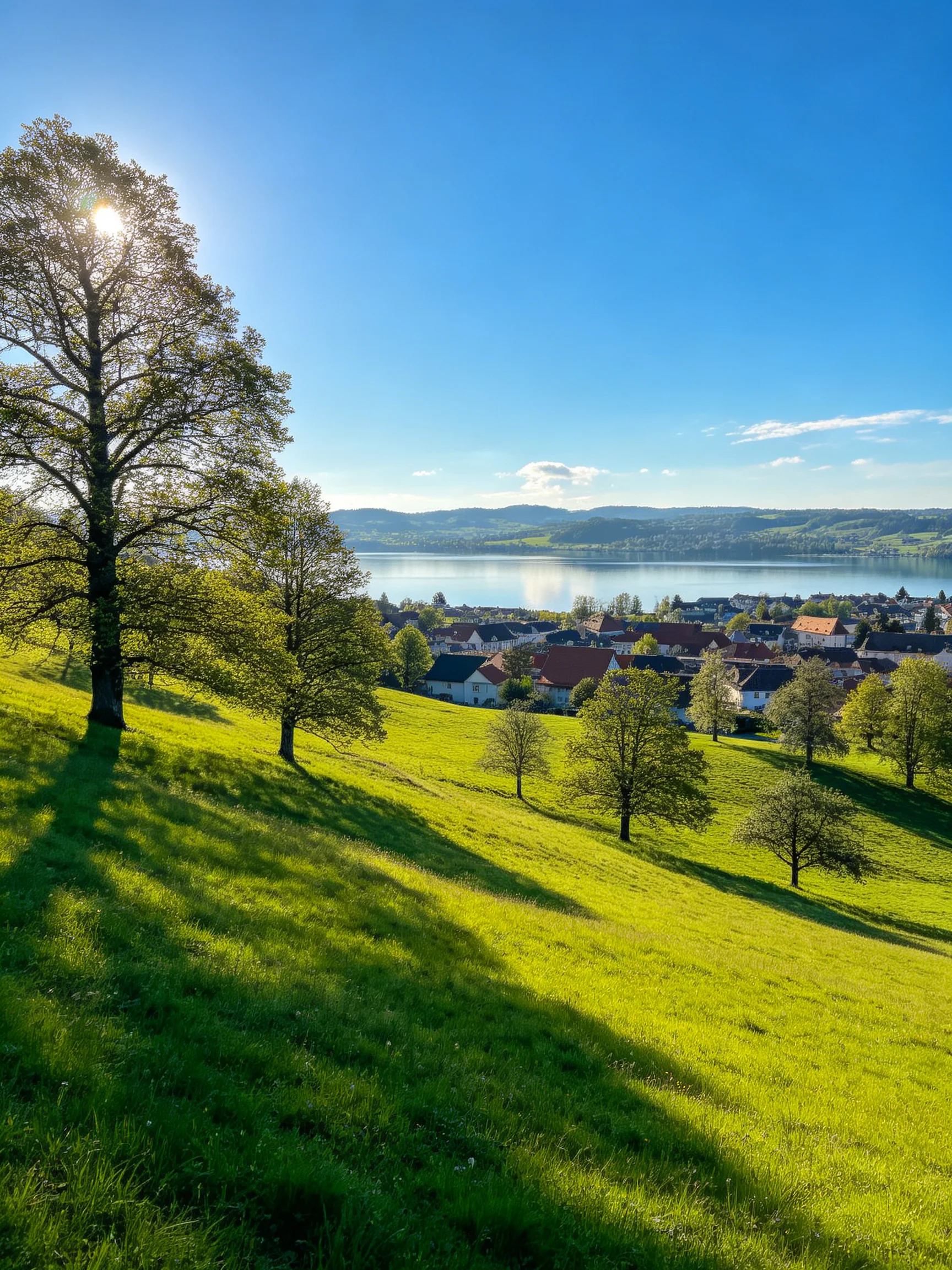 Lush green hillside with scattered trees overlooks a town near a calm lake under bright blue sky
