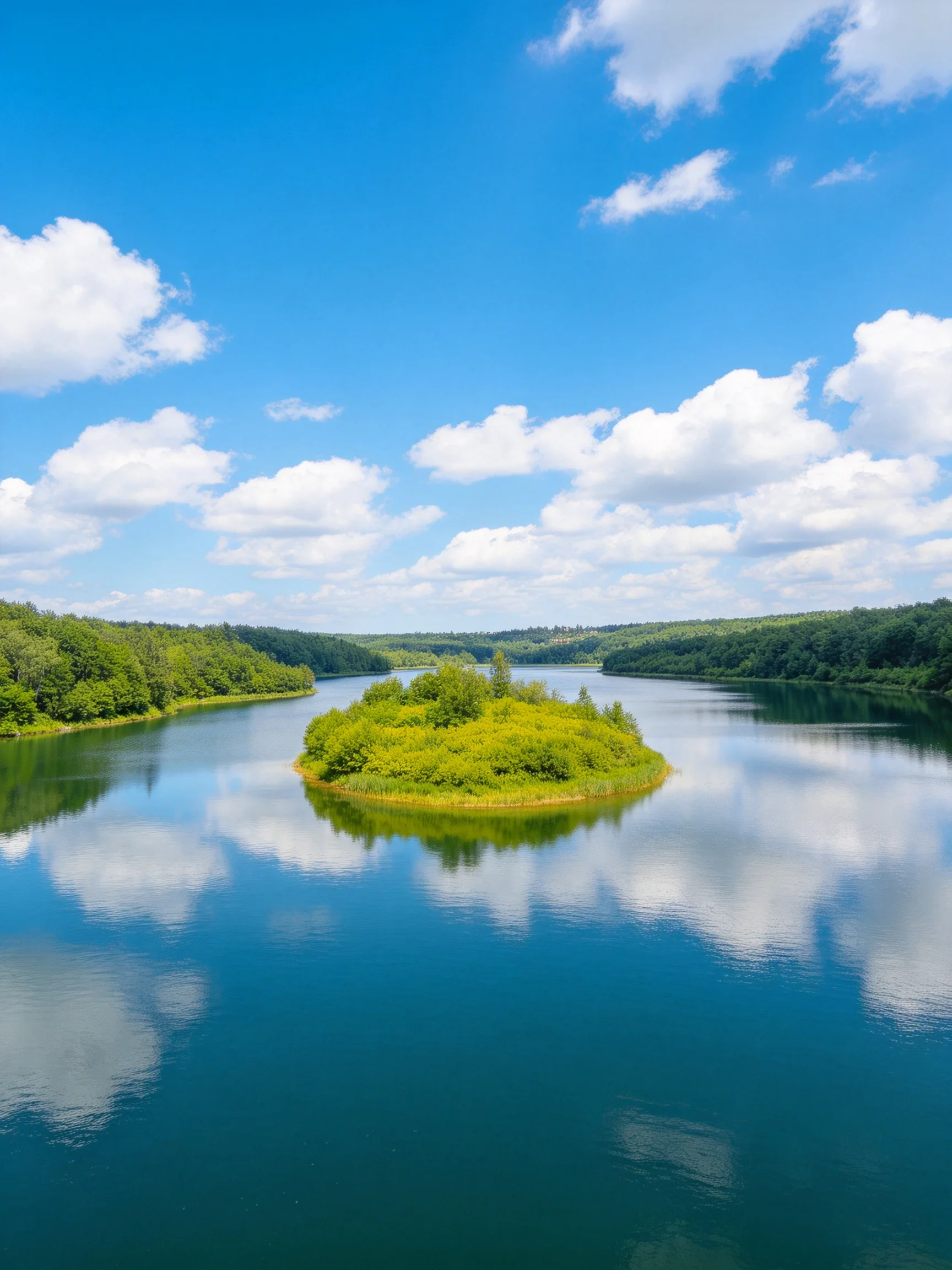 Lush green island centered in calm blue lake with forested shores