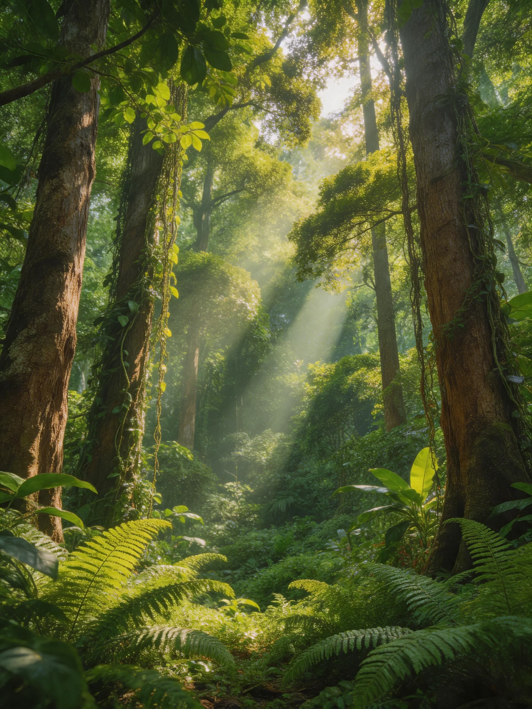 Lush green jungle with sunlight streaming through tall trees and ferns