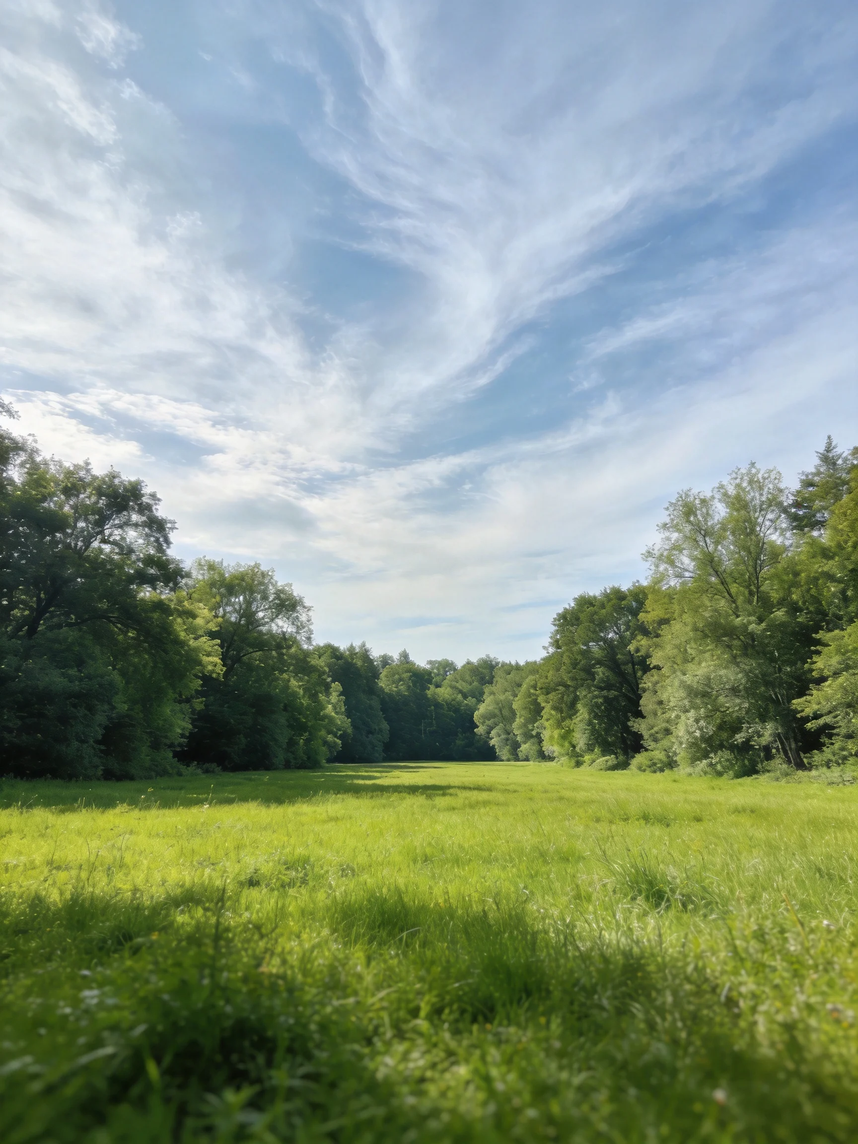 Lush green meadow bordered by dense forest under wispy blue skies