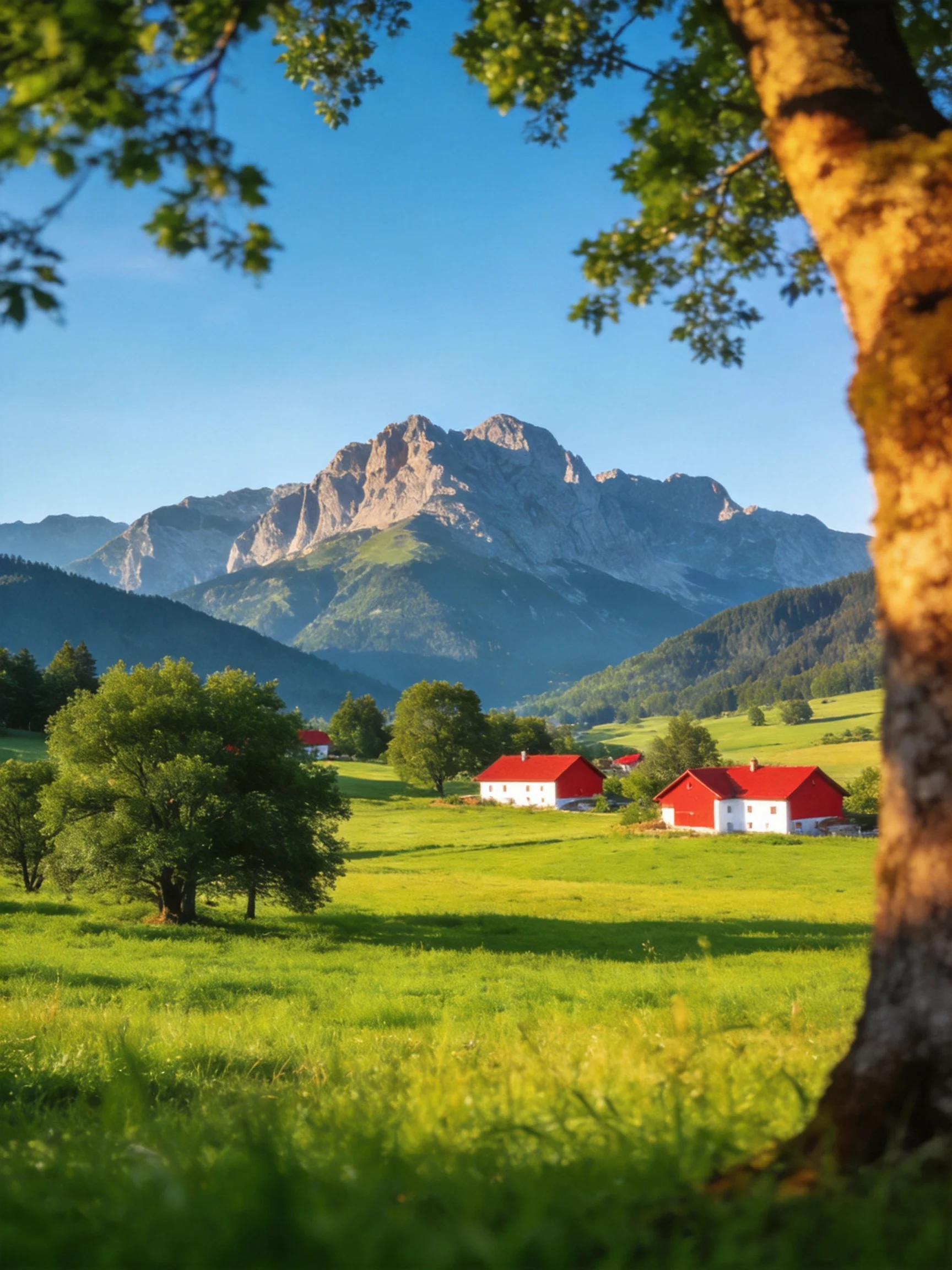 Lush green meadow with red-roofed farmhouses near majestic mountains