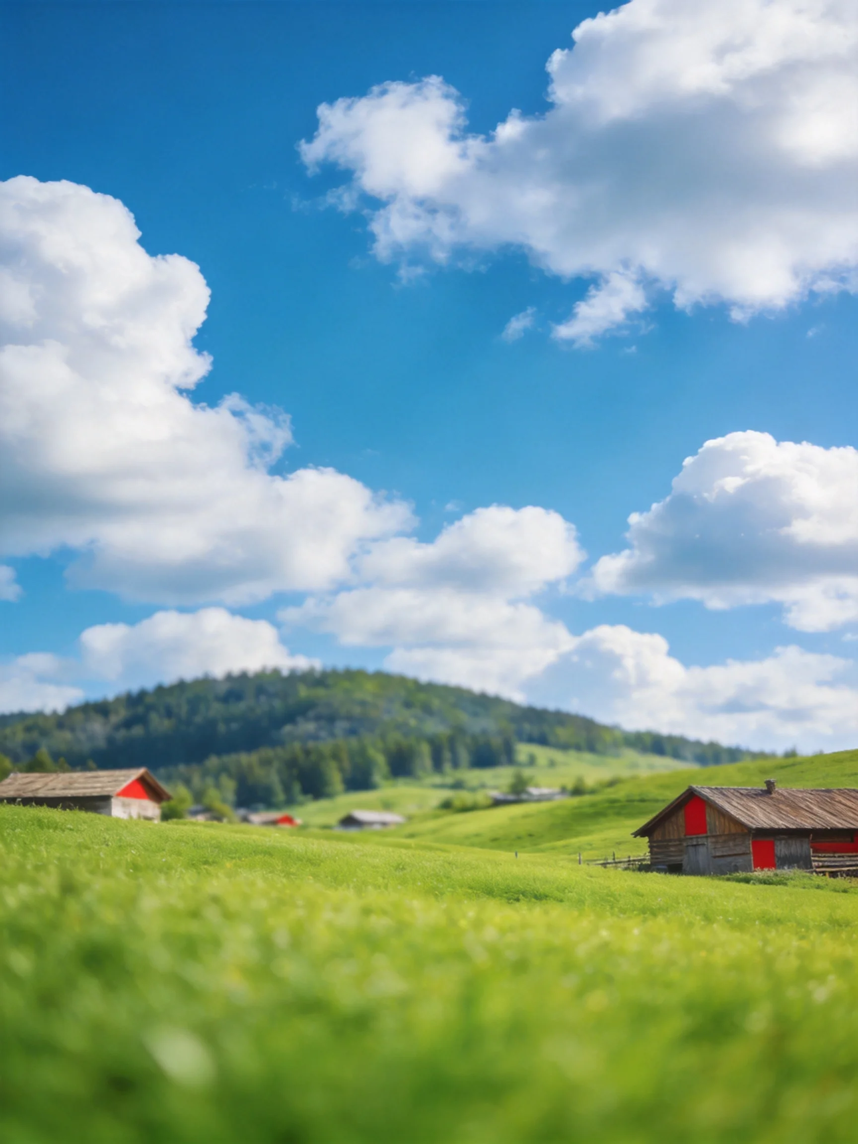 Lush green meadow with rustic red-accented cabins under bright blue sky