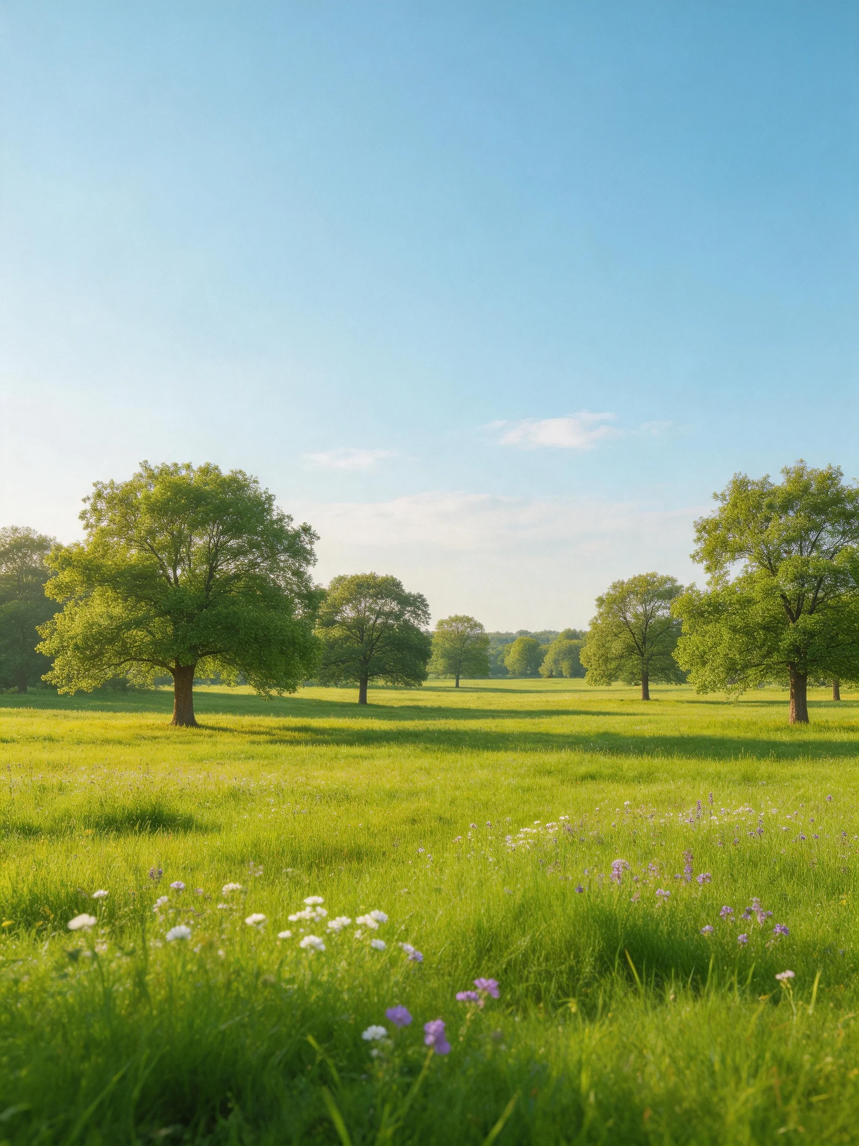 Lush green meadow with scattered trees under blue sky