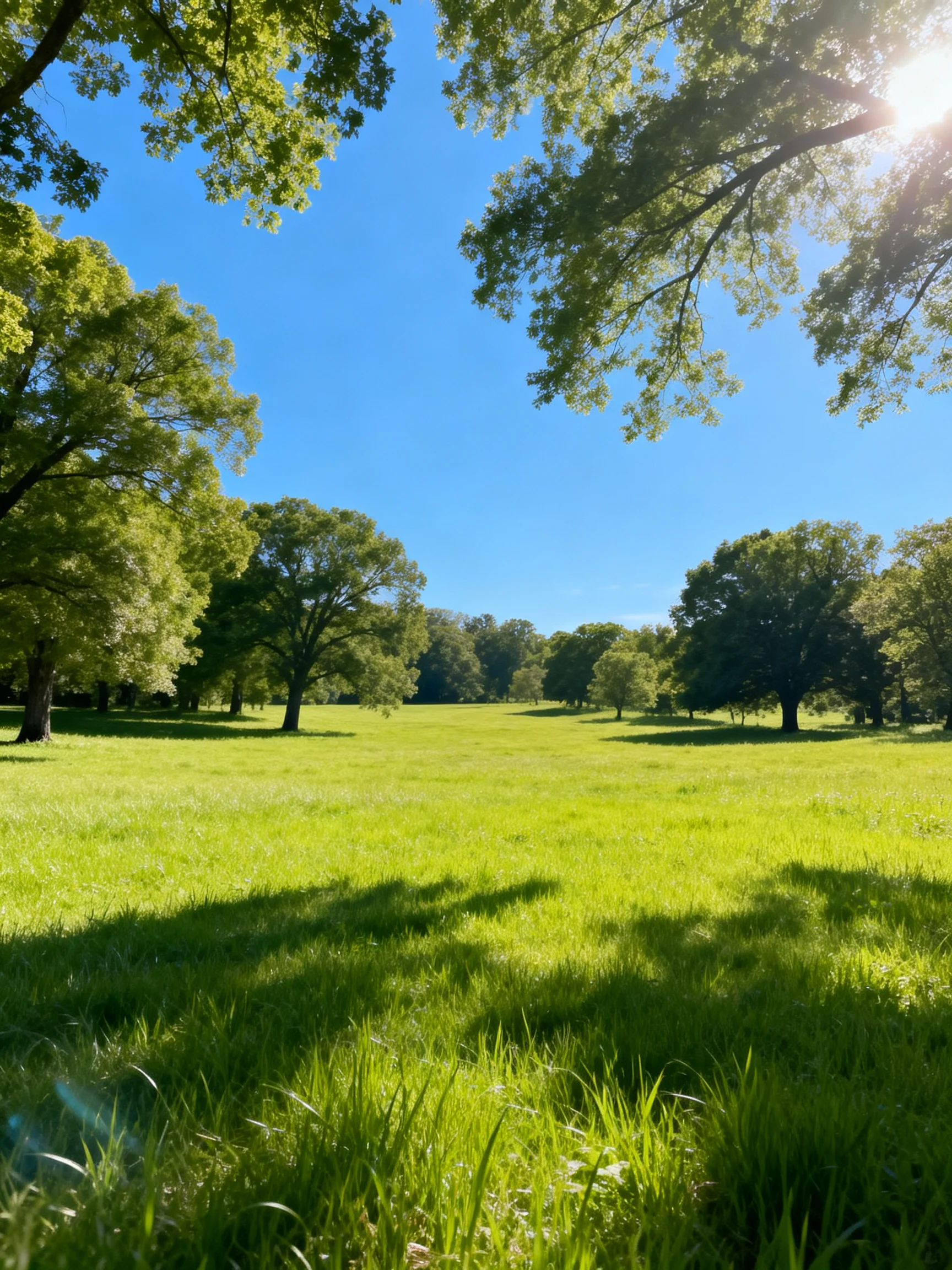 Lush green meadow with scattered trees under clear blue sky
