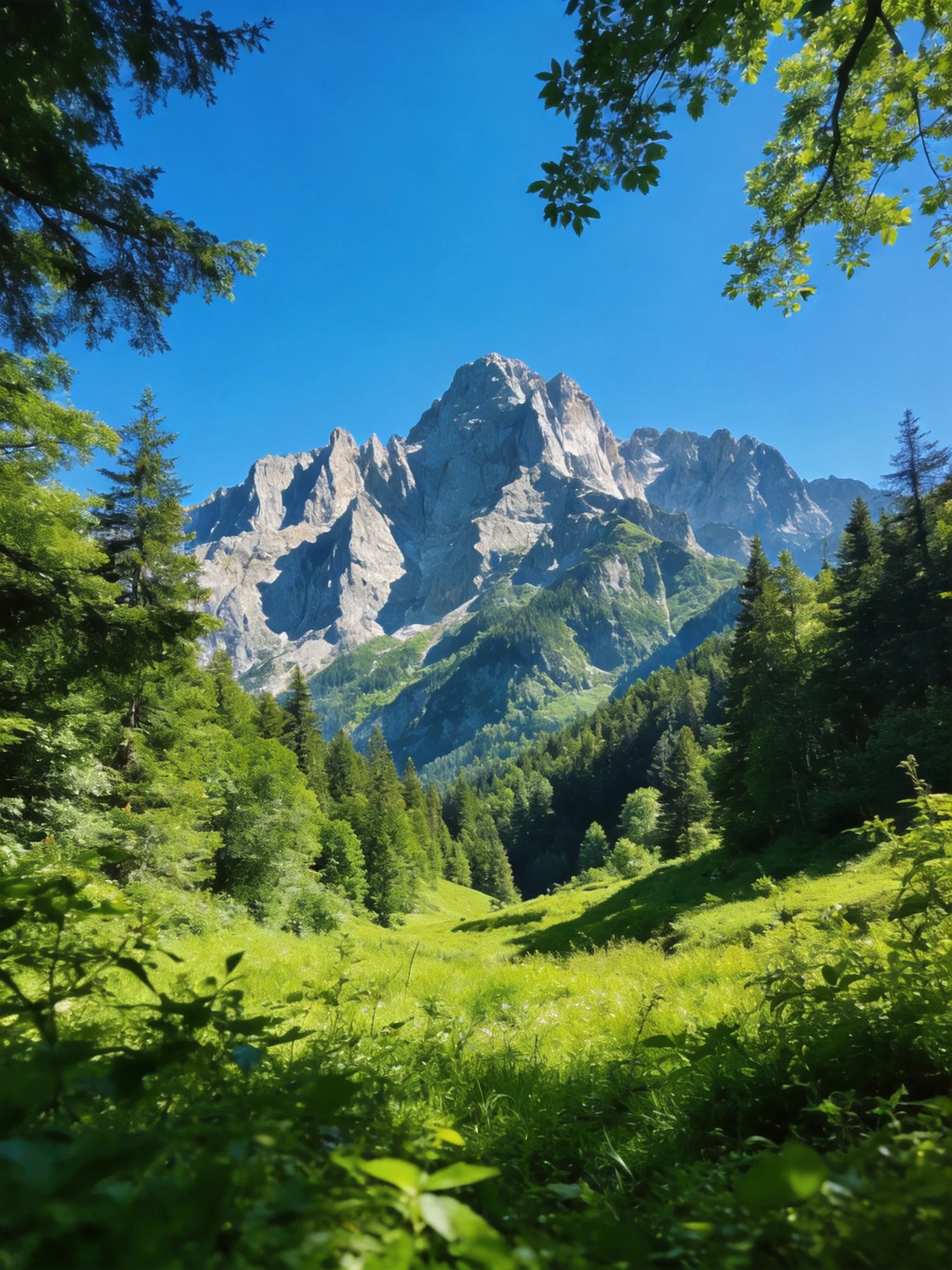 Lush green meadow with towering mountain peaks under bright blue sky