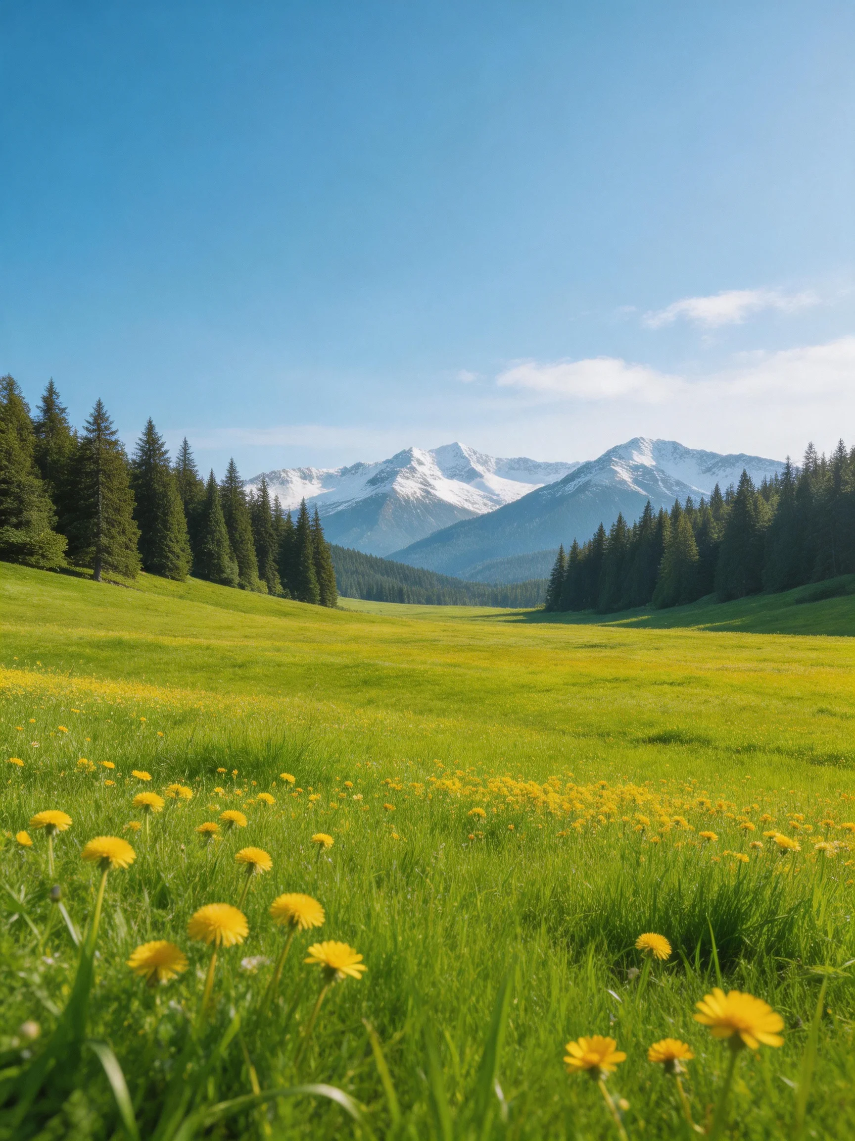 Lush green meadow with yellow wildflowers, evergreen forests, snow - capped mountains