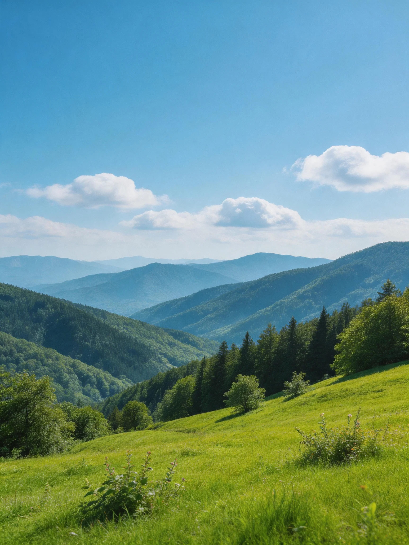 Lush green meadows stretch toward misty blue mountain ranges under bright sky