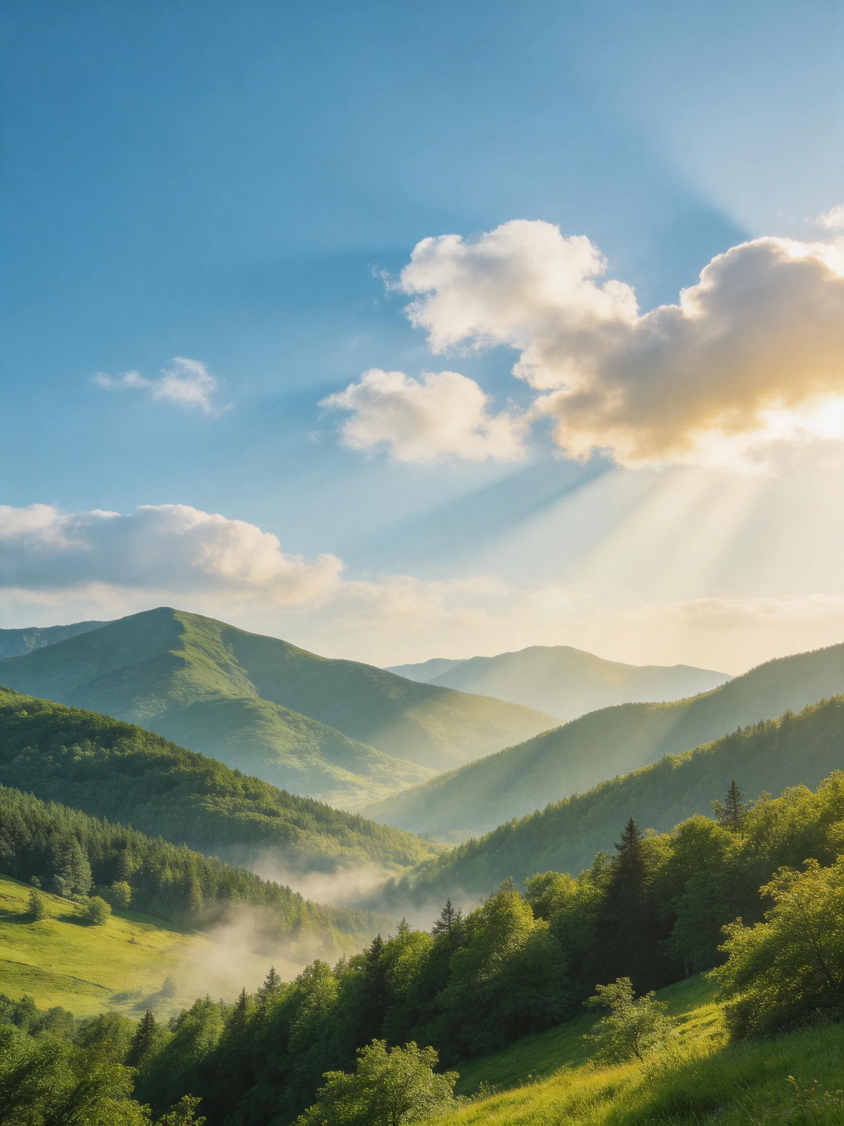 Lush green mountain ranges under a bright blue sky with golden sunlight rays