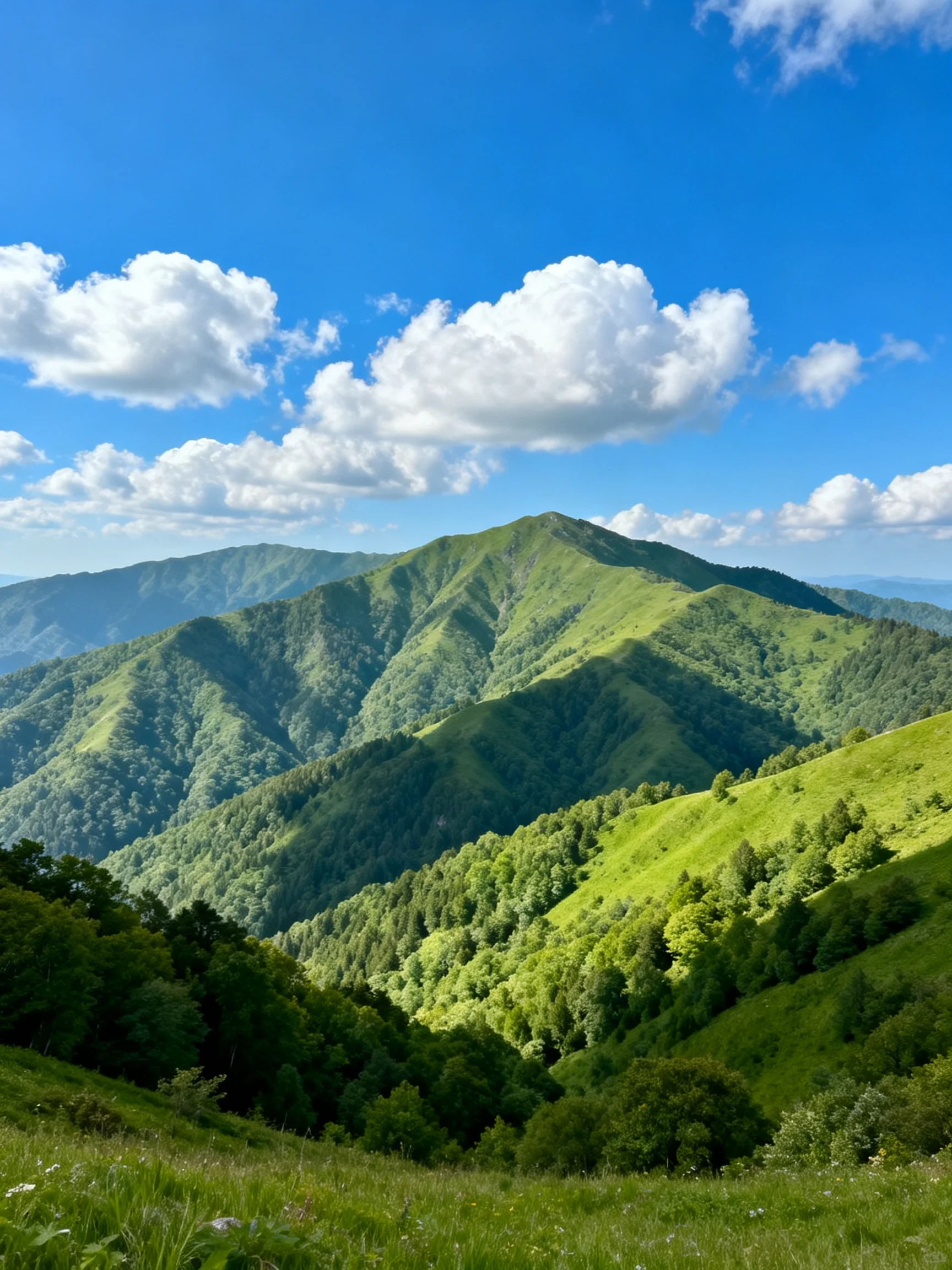 Lush green mountain ranges under bright blue sky with white clouds
