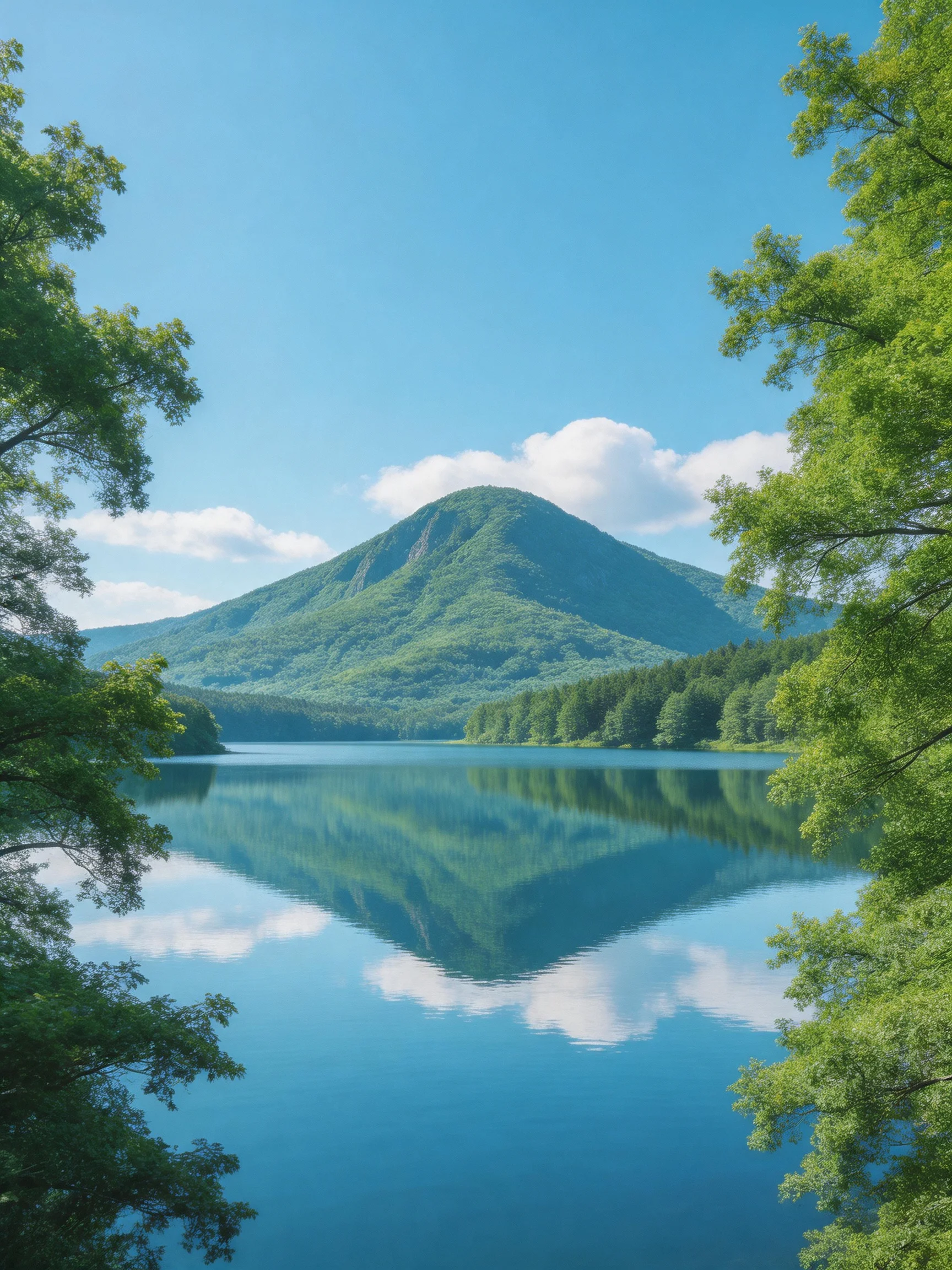 Lush green mountain reflected in tranquil blue lake with surrounding forest