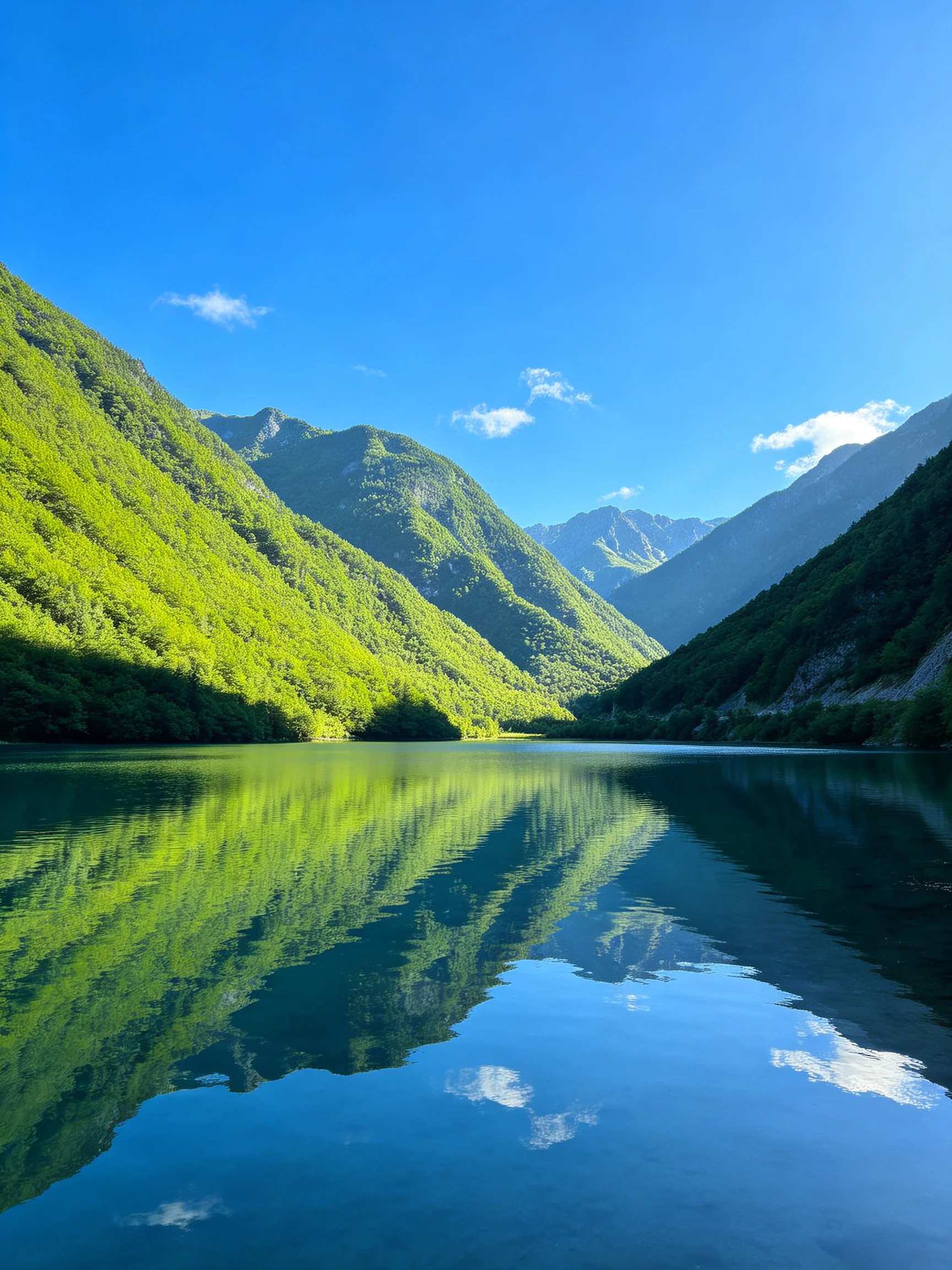 Lush green mountains reflecting in a serene blue lake