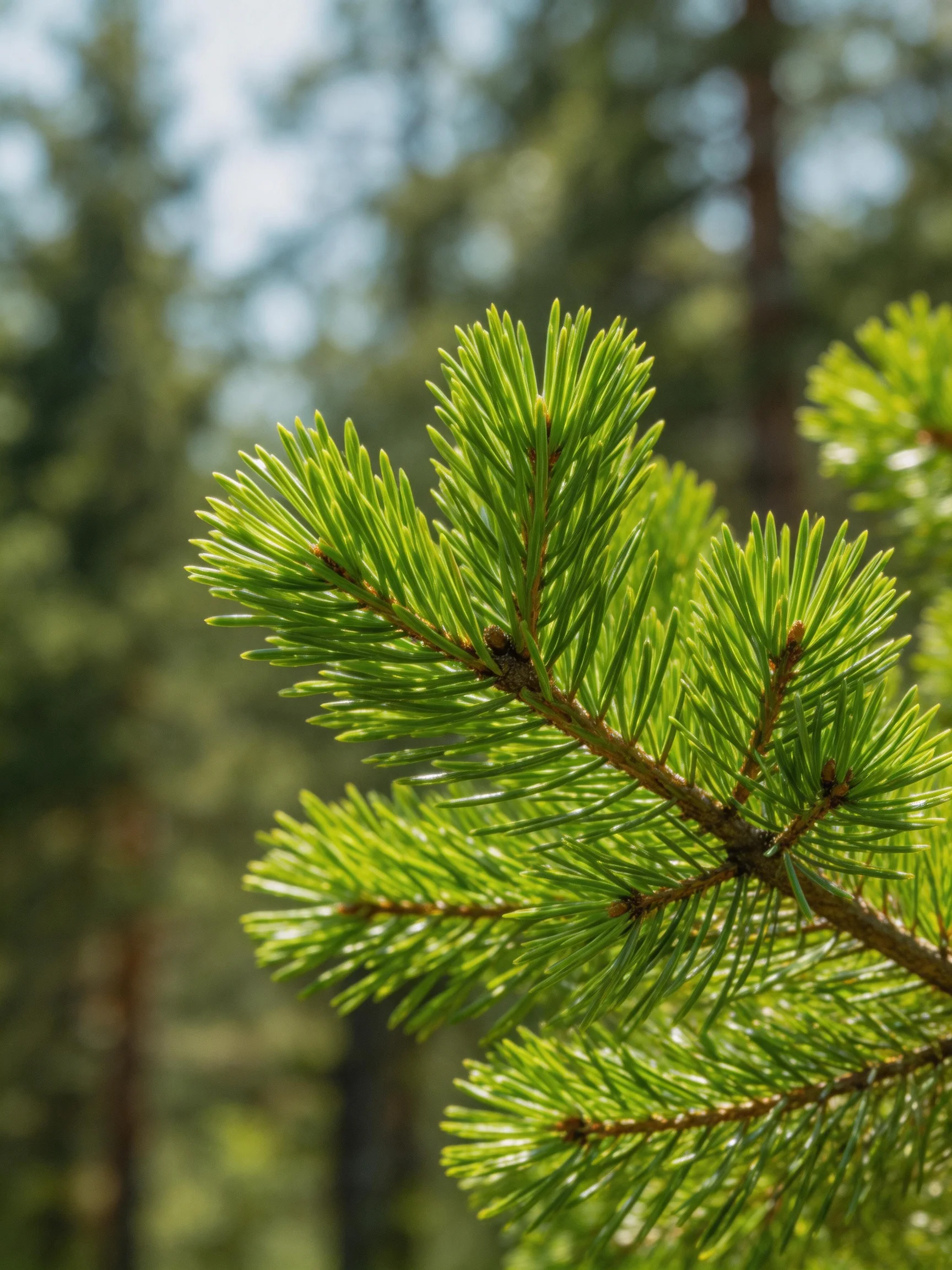 Lush green pine needles with soft forest bokeh