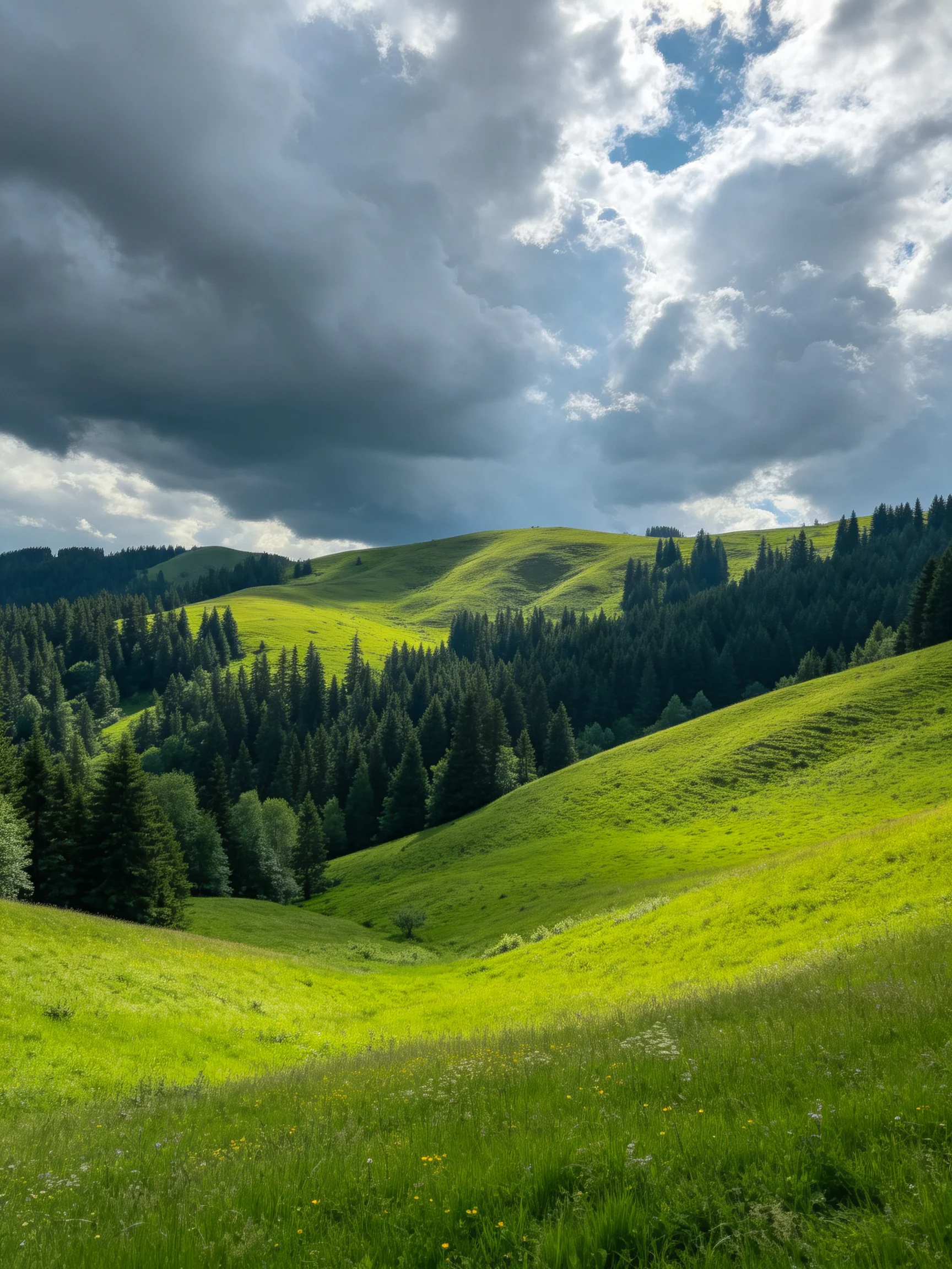 Lush green rolling hills and dense forests beneath dramatic cloudy skies