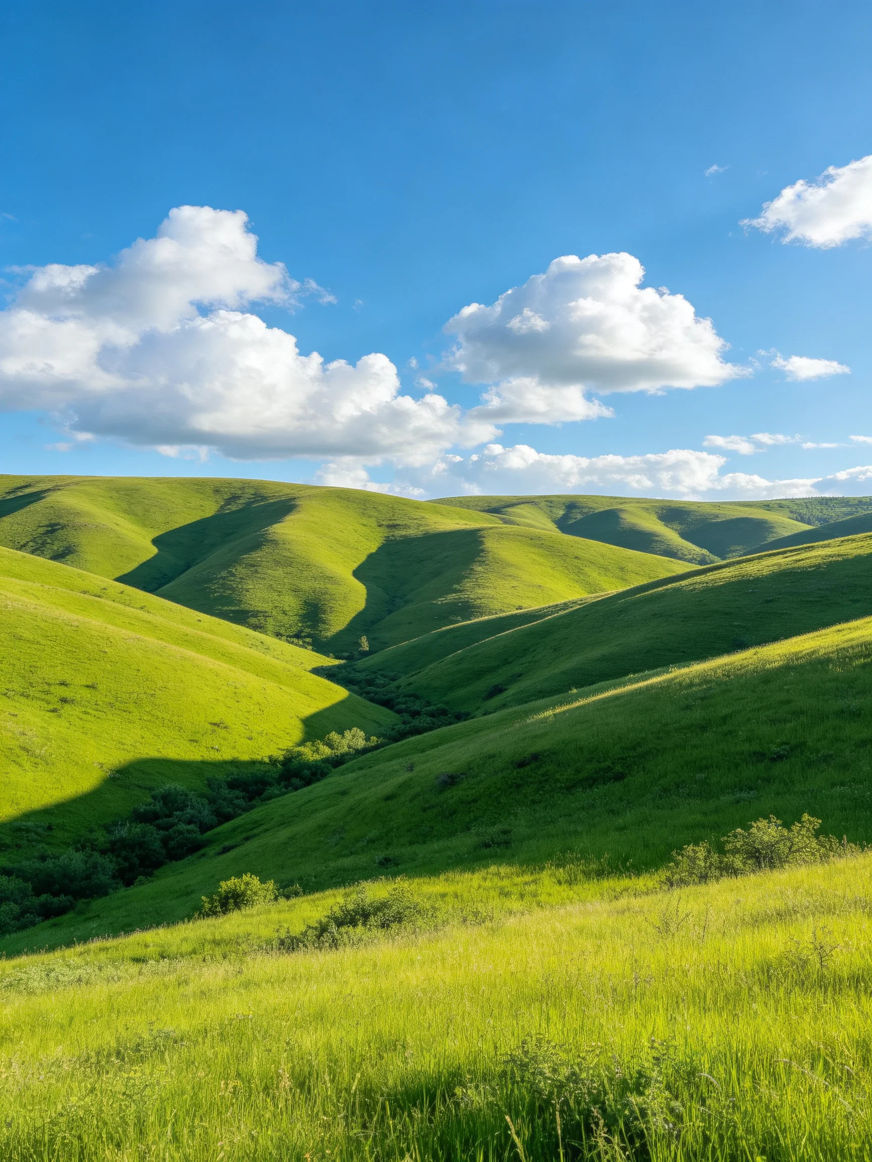 Lush green rolling hills beneath clear blue sky with white clouds
