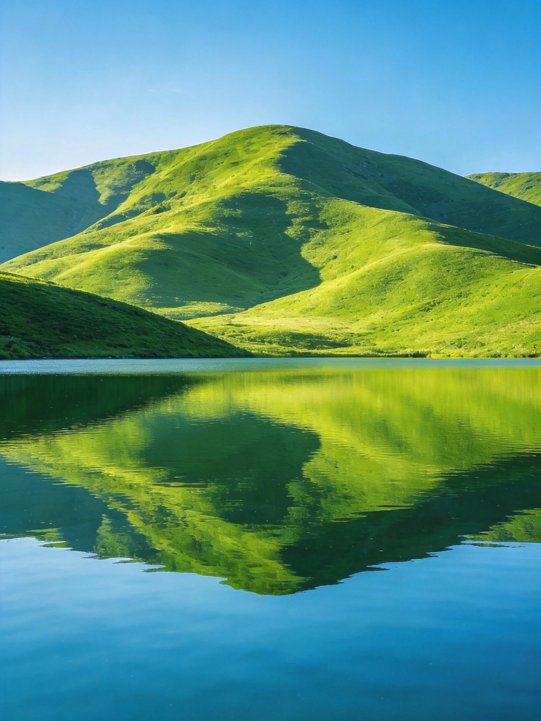 Lush green rolling hills reflect in serene blue lake waters