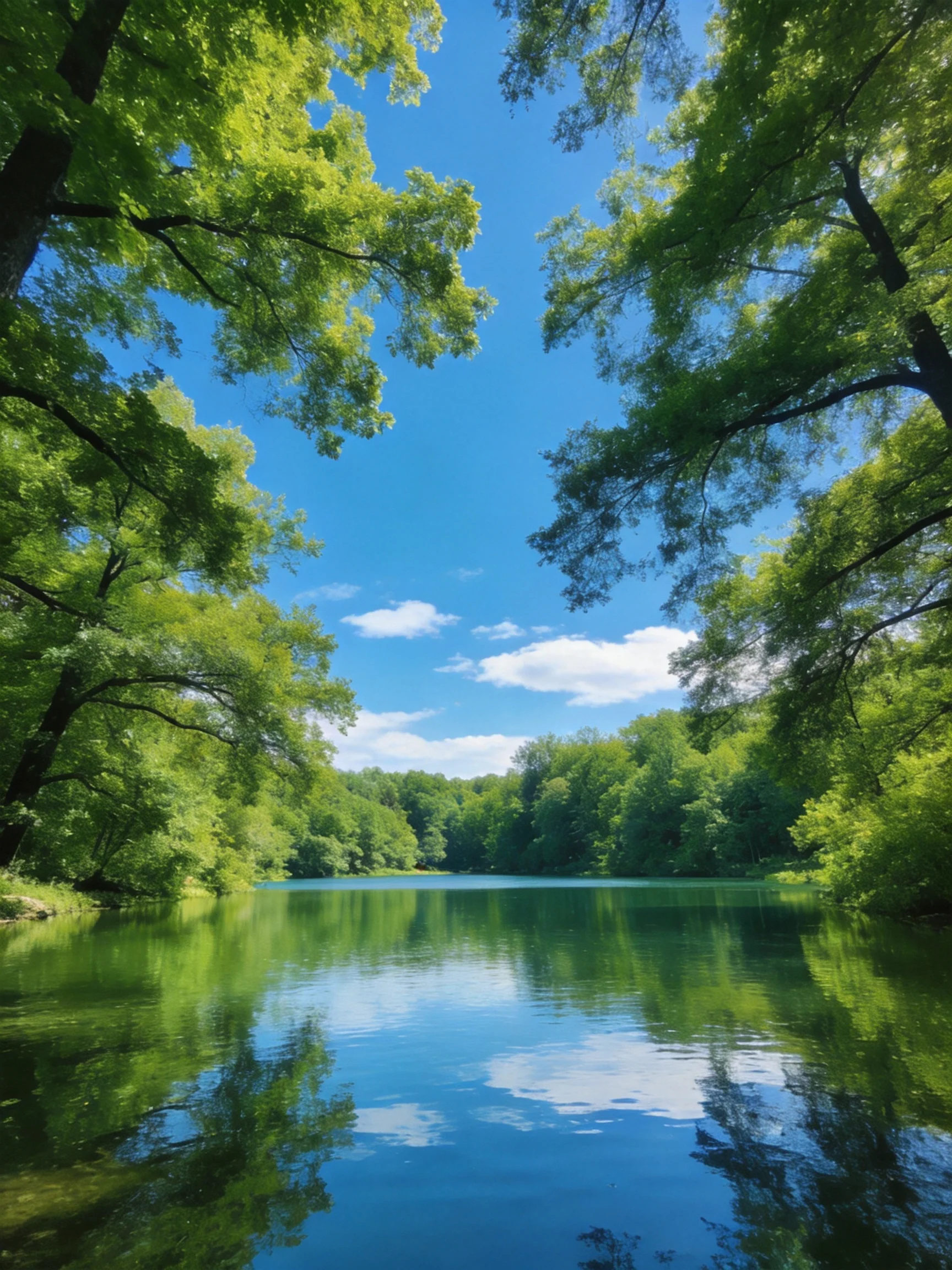 Lush green trees frame a calm turquoise lake under a bright blue sky