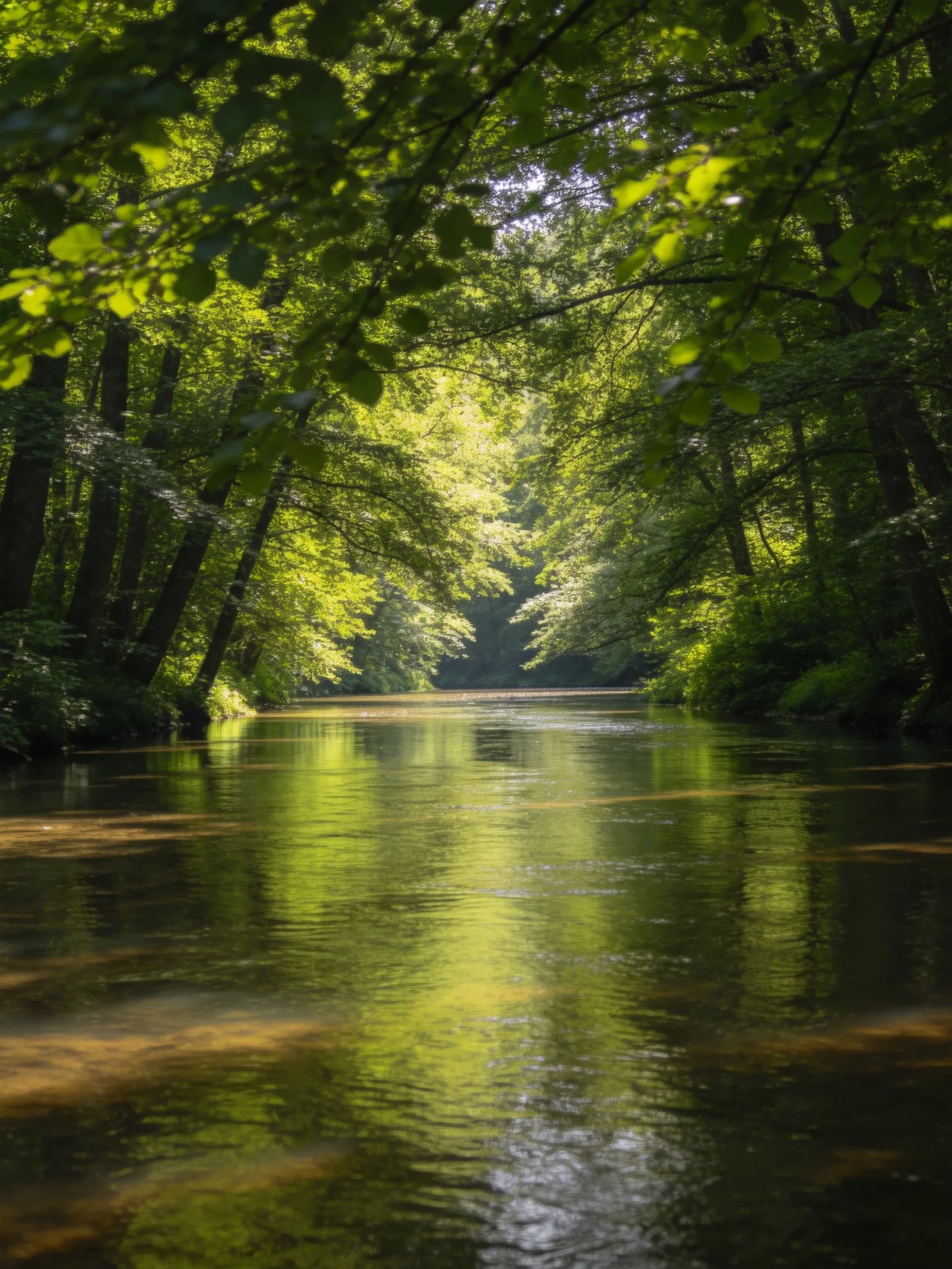 Lush green trees frame a tranquil river winding through forest