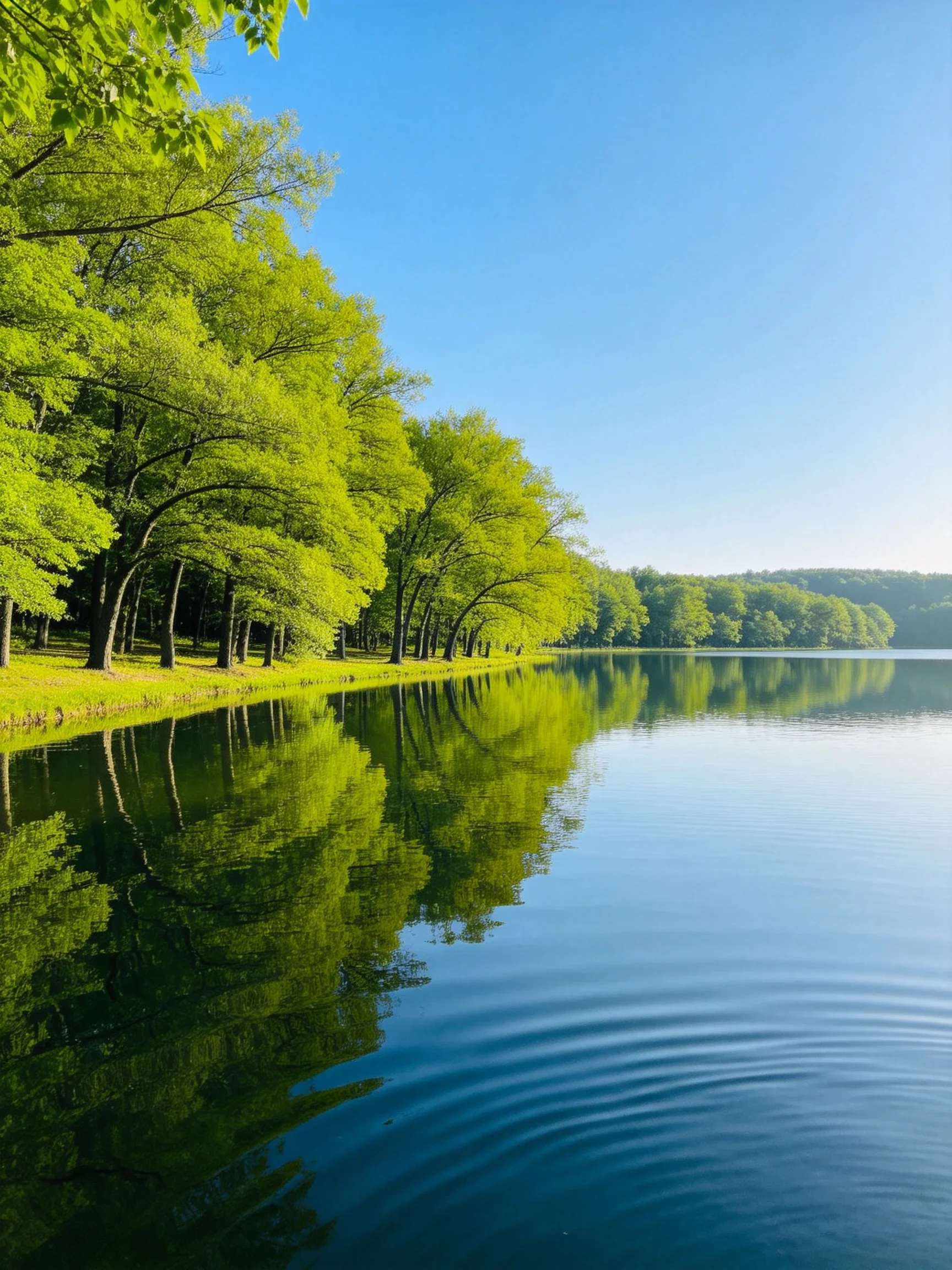 Lush green trees reflect in calm blue lake waters
