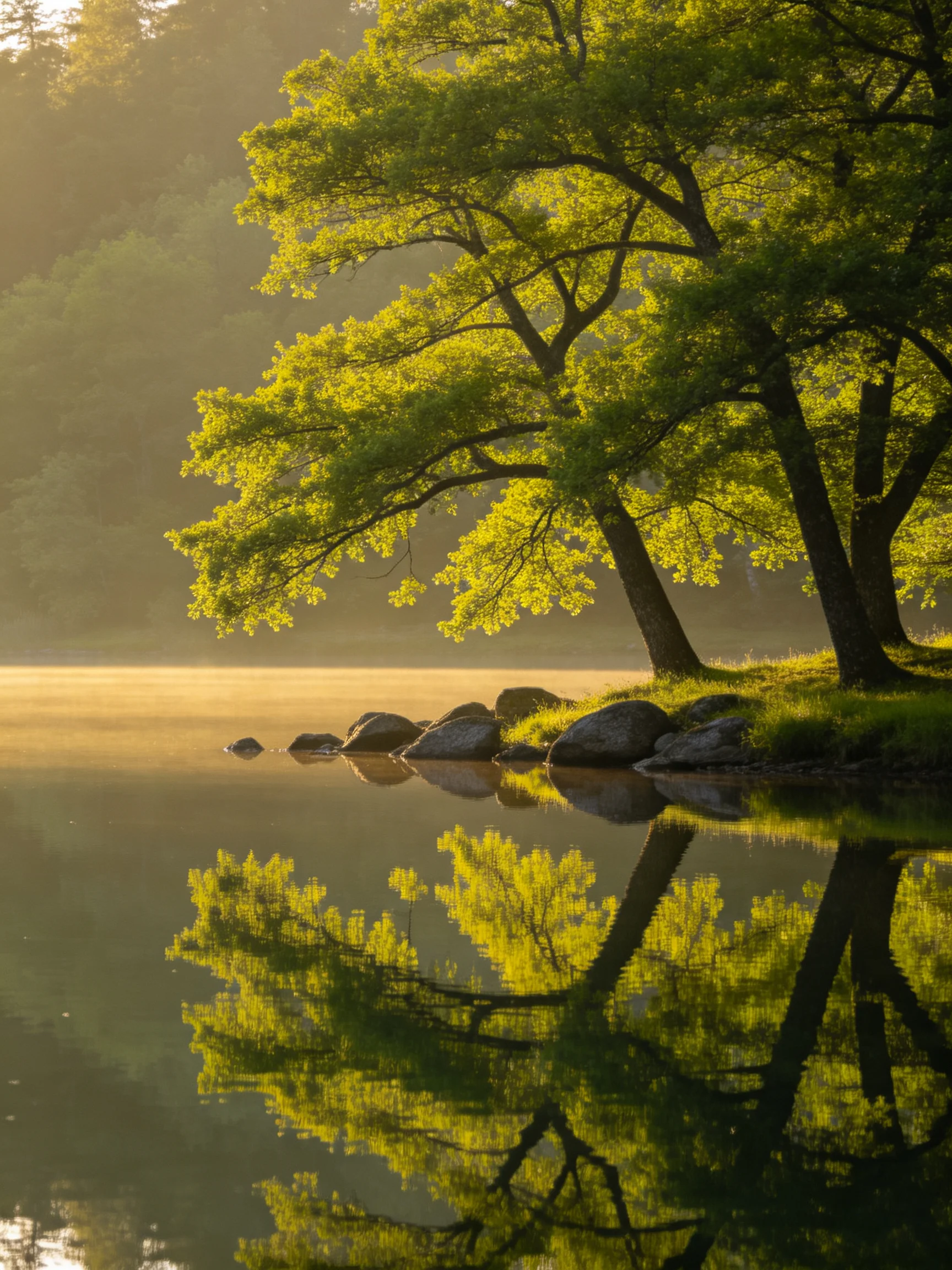 Lush green trees reflect in calm lake waters near rocky shore.