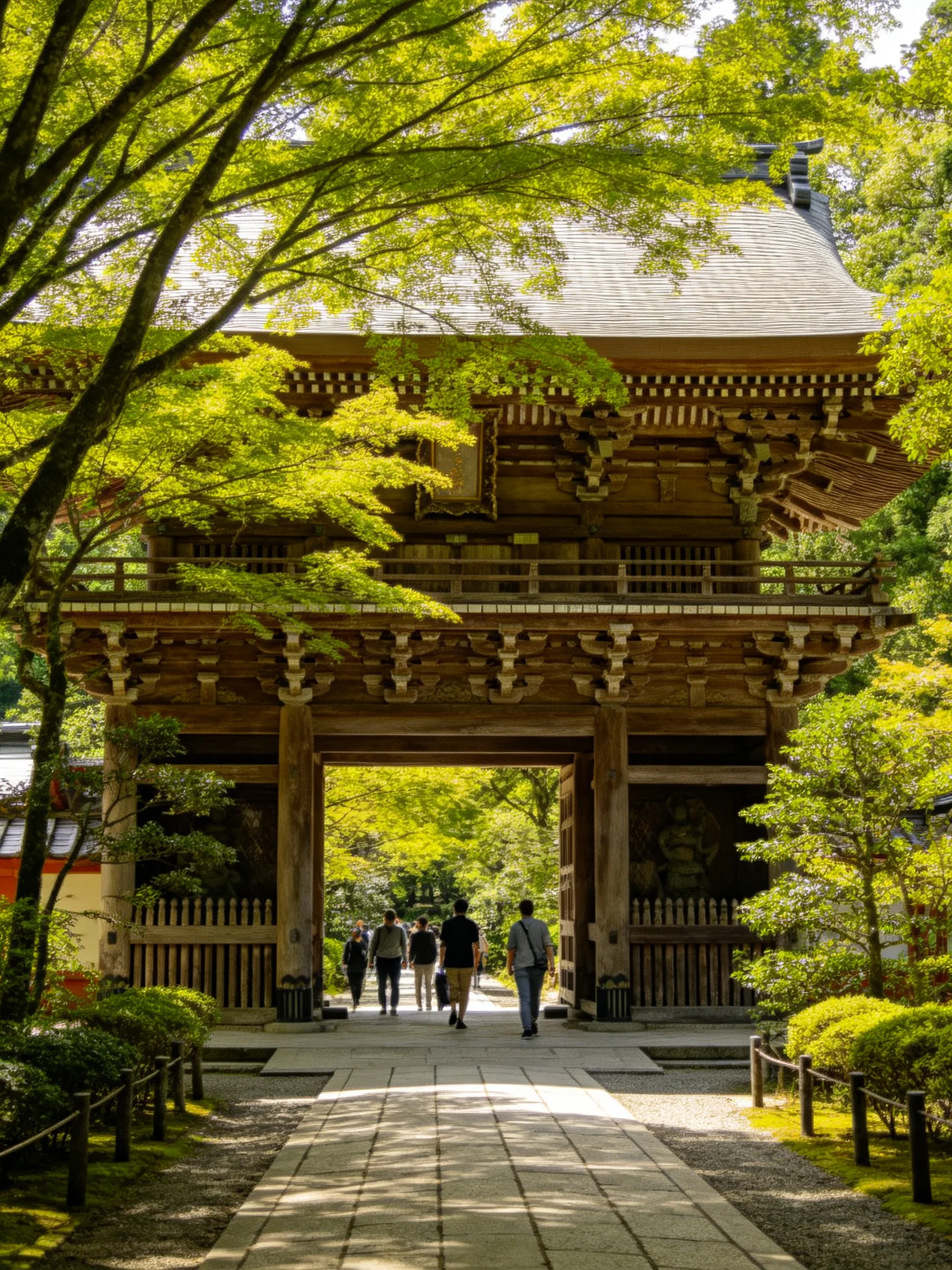 Lush greenery surrounds an ancient wooden gateway