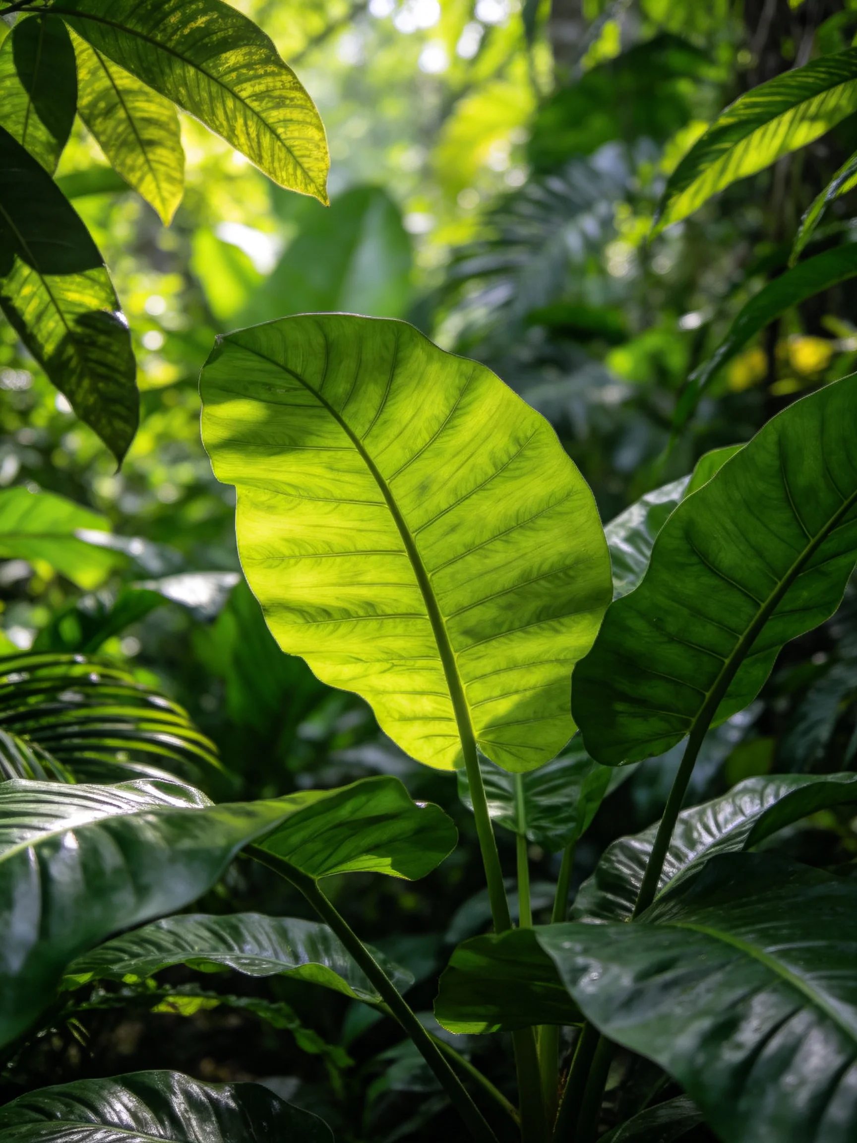 Lush jungle scene with vibrant green foliage and dappled sunlight