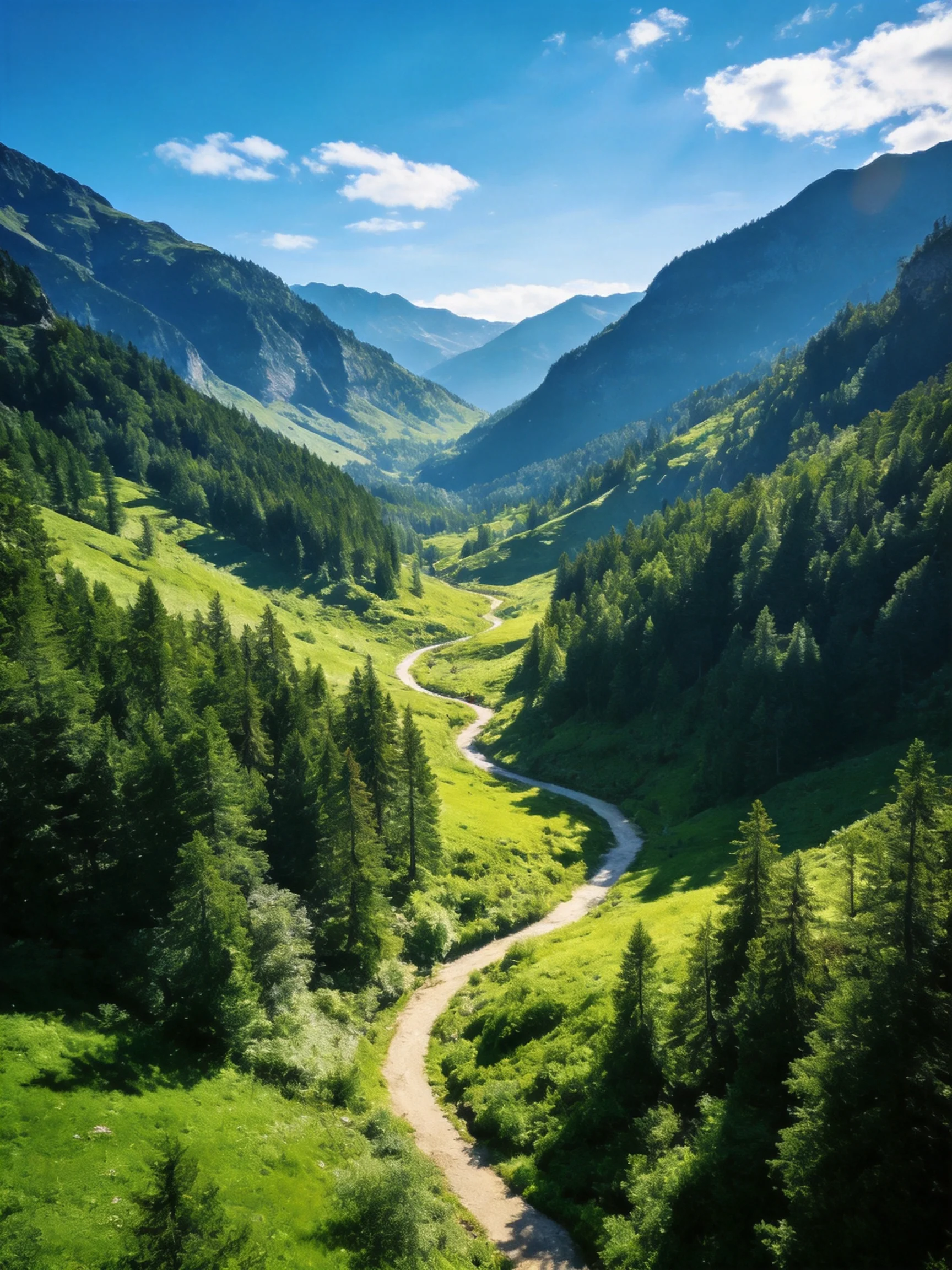 Lush mountain valley with winding dirt path and dense evergreen forests
