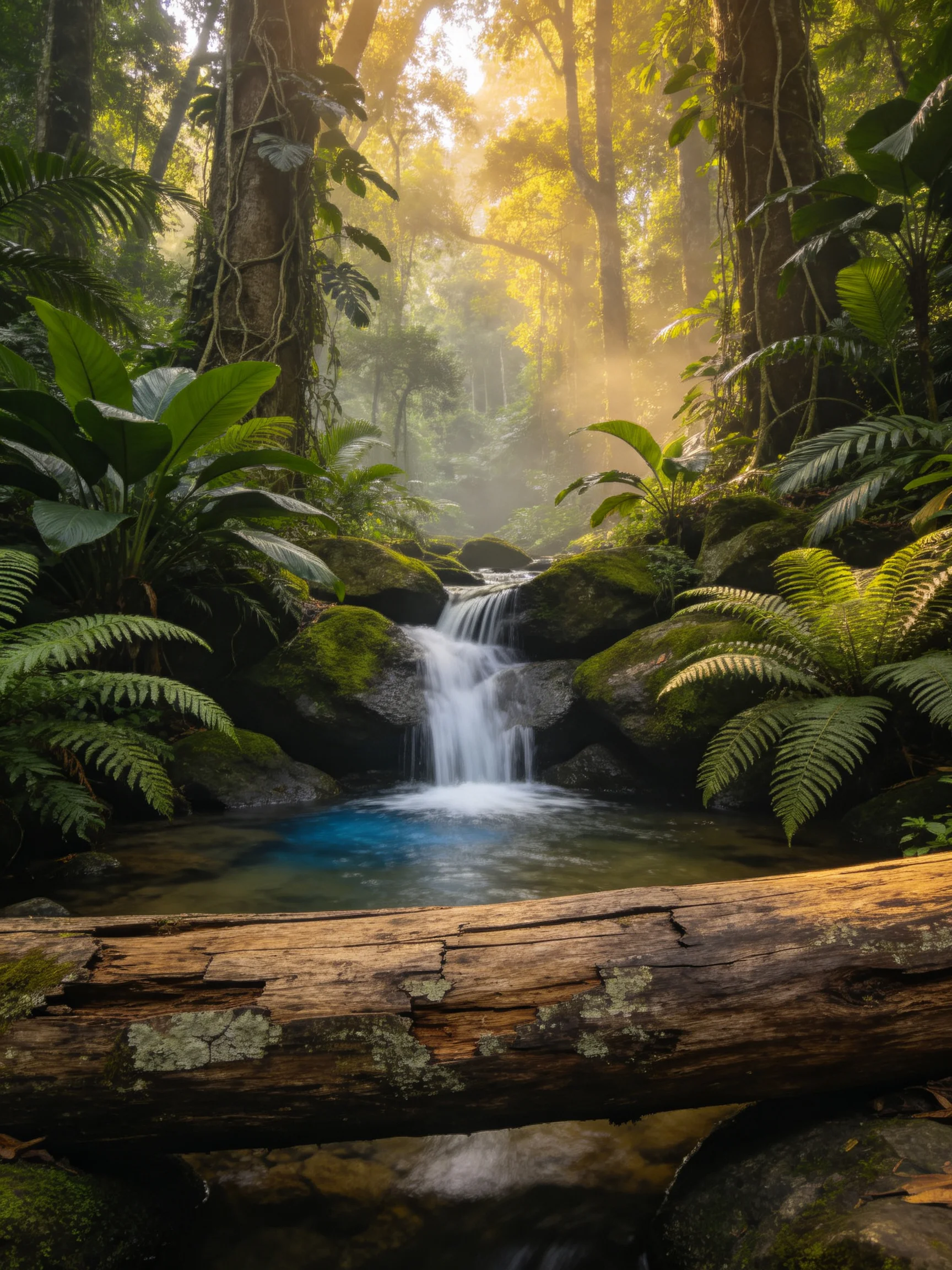 Lush tropical forest with a small waterfall and moss-covered rocks