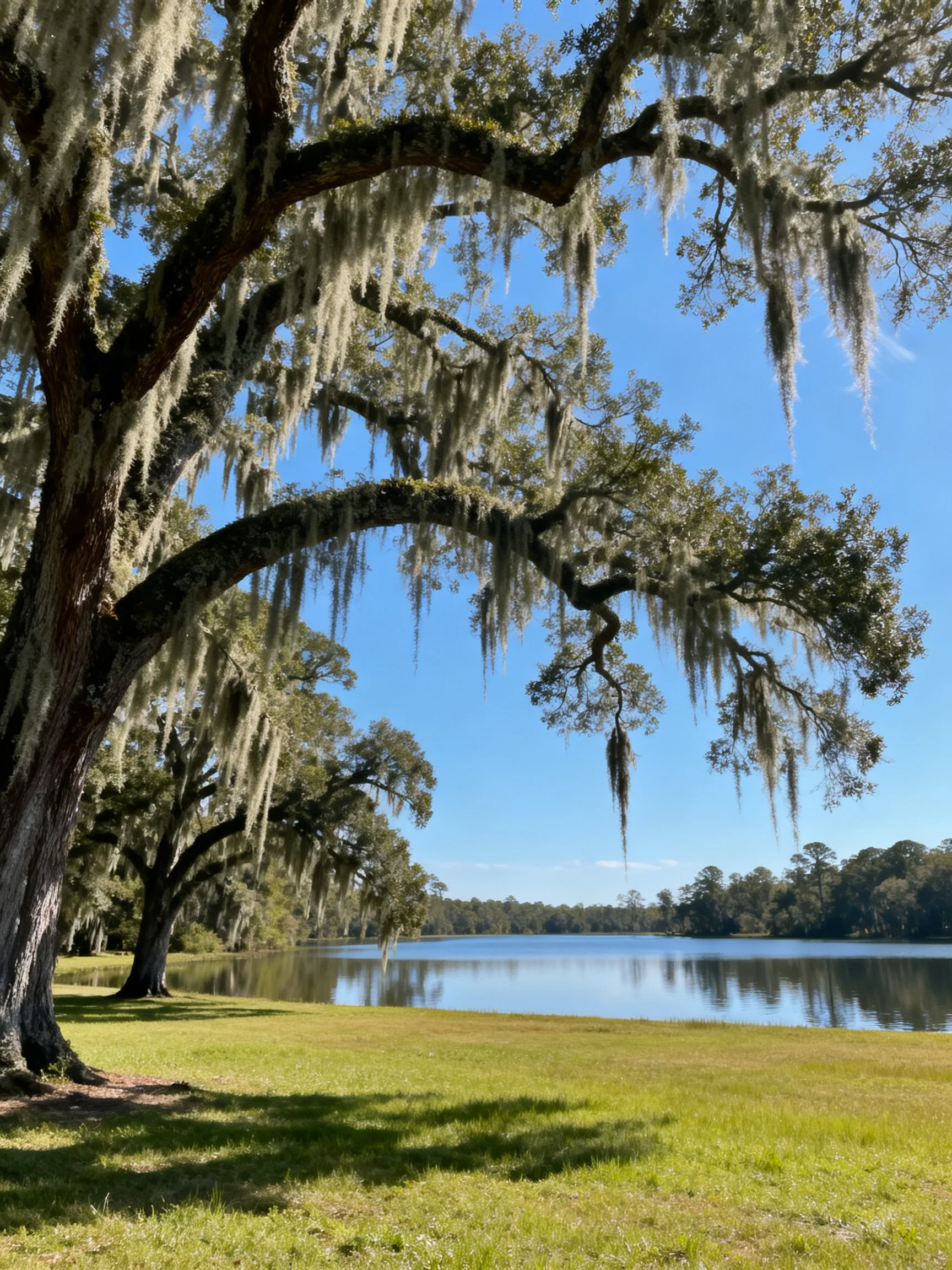 Majestic Live Oak Trees with Spanish Moss Over a Calm Lake