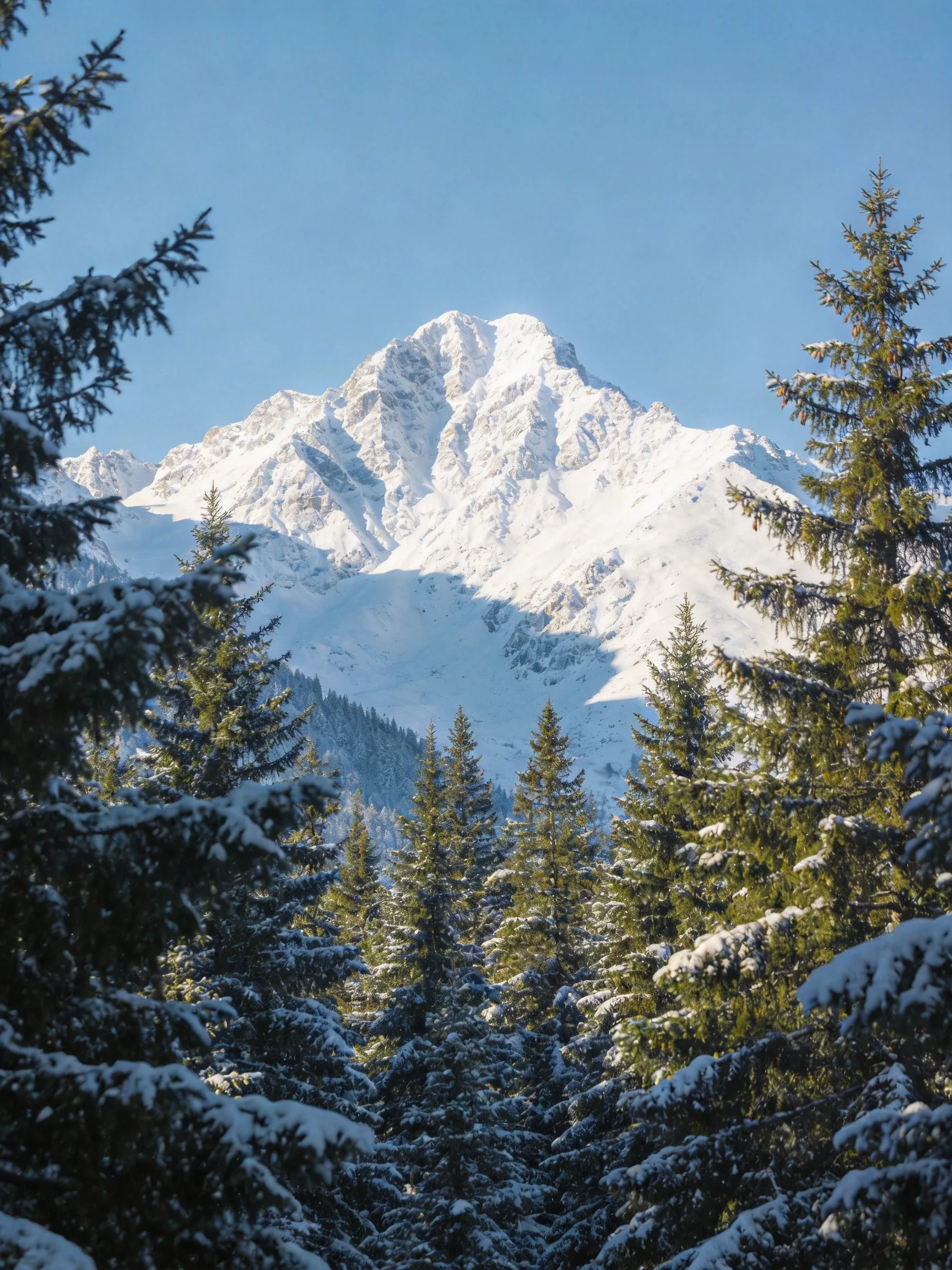 Majestic Snow-Capped Mountain Behind Snow-Draped Evergreen Forest