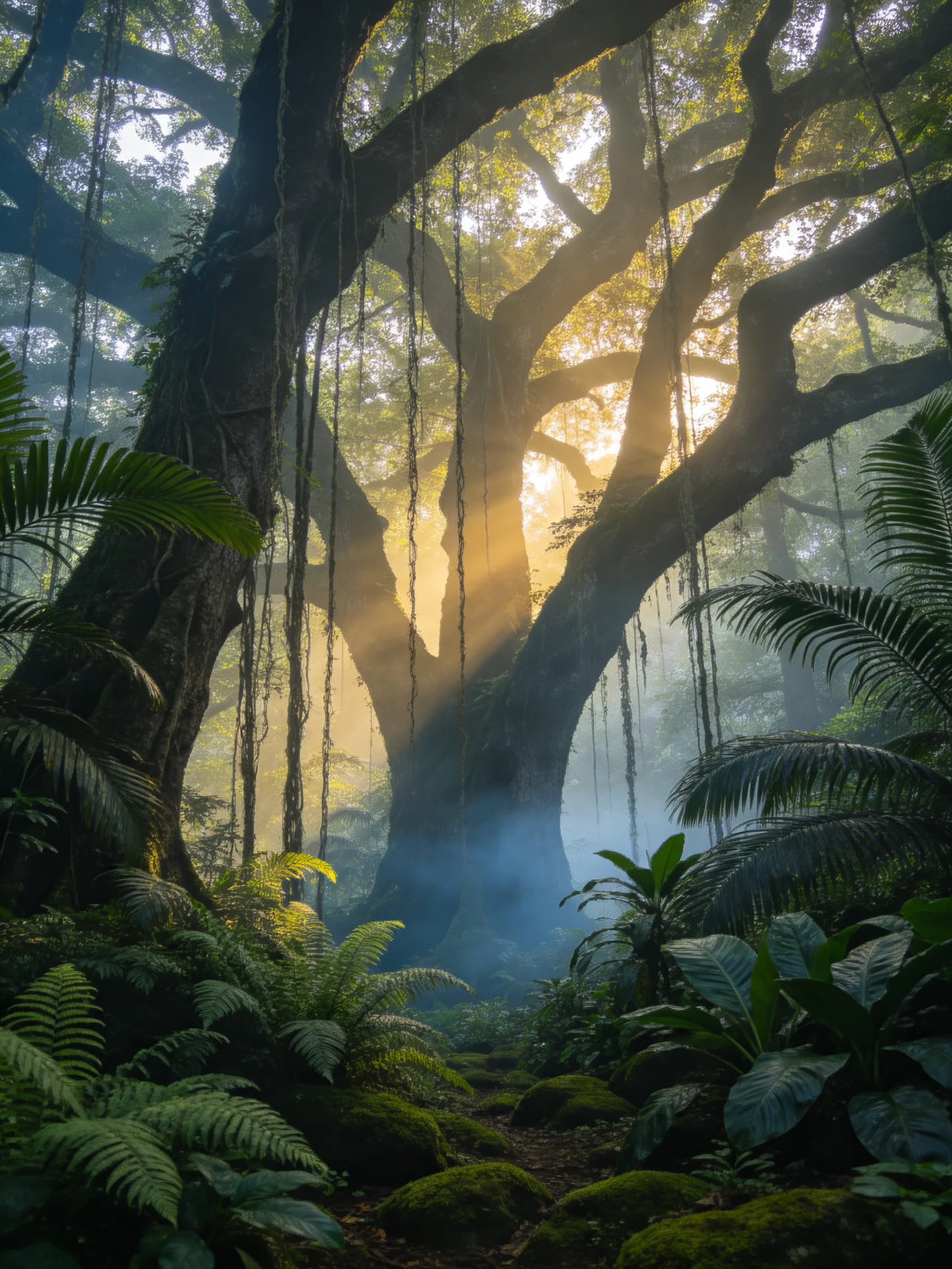 Majestic ancient trees in a misty tropical rainforest with golden sunlight
