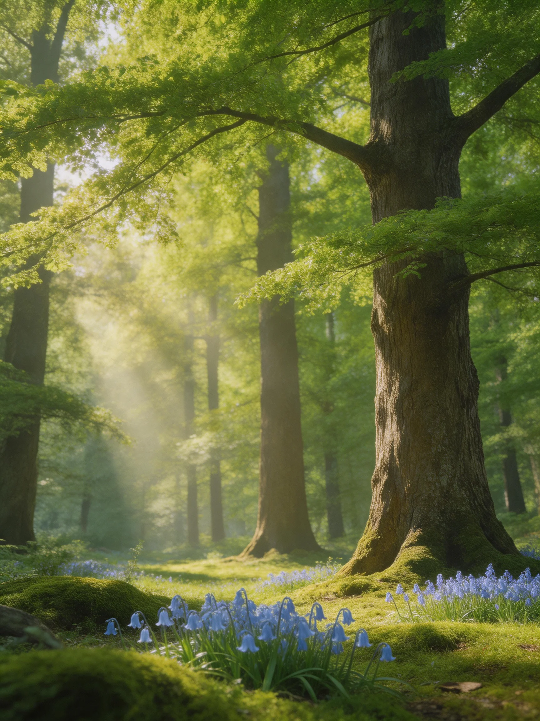 Majestic ancient trees surround bluebell-filled forest glade with sunbeams