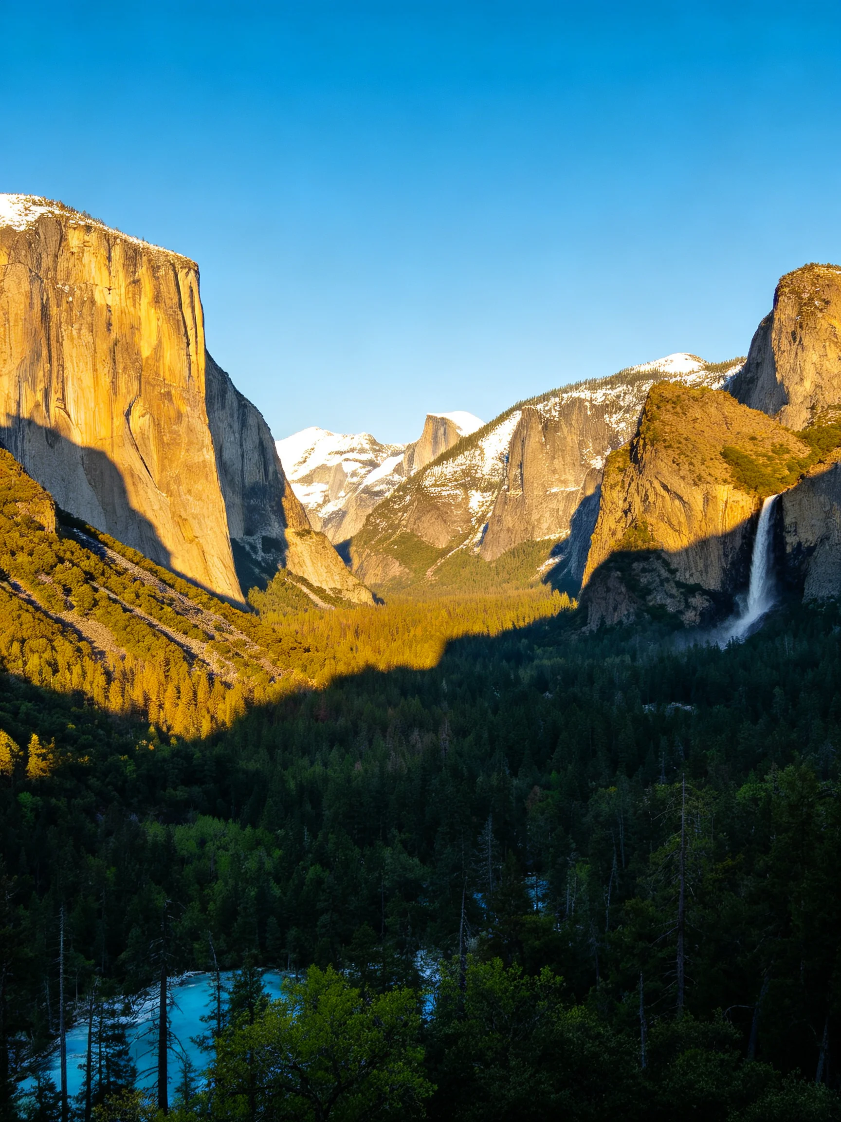 Majestic cliffs, snow-capped peaks, and a cascading waterfall in Yosemite Valley