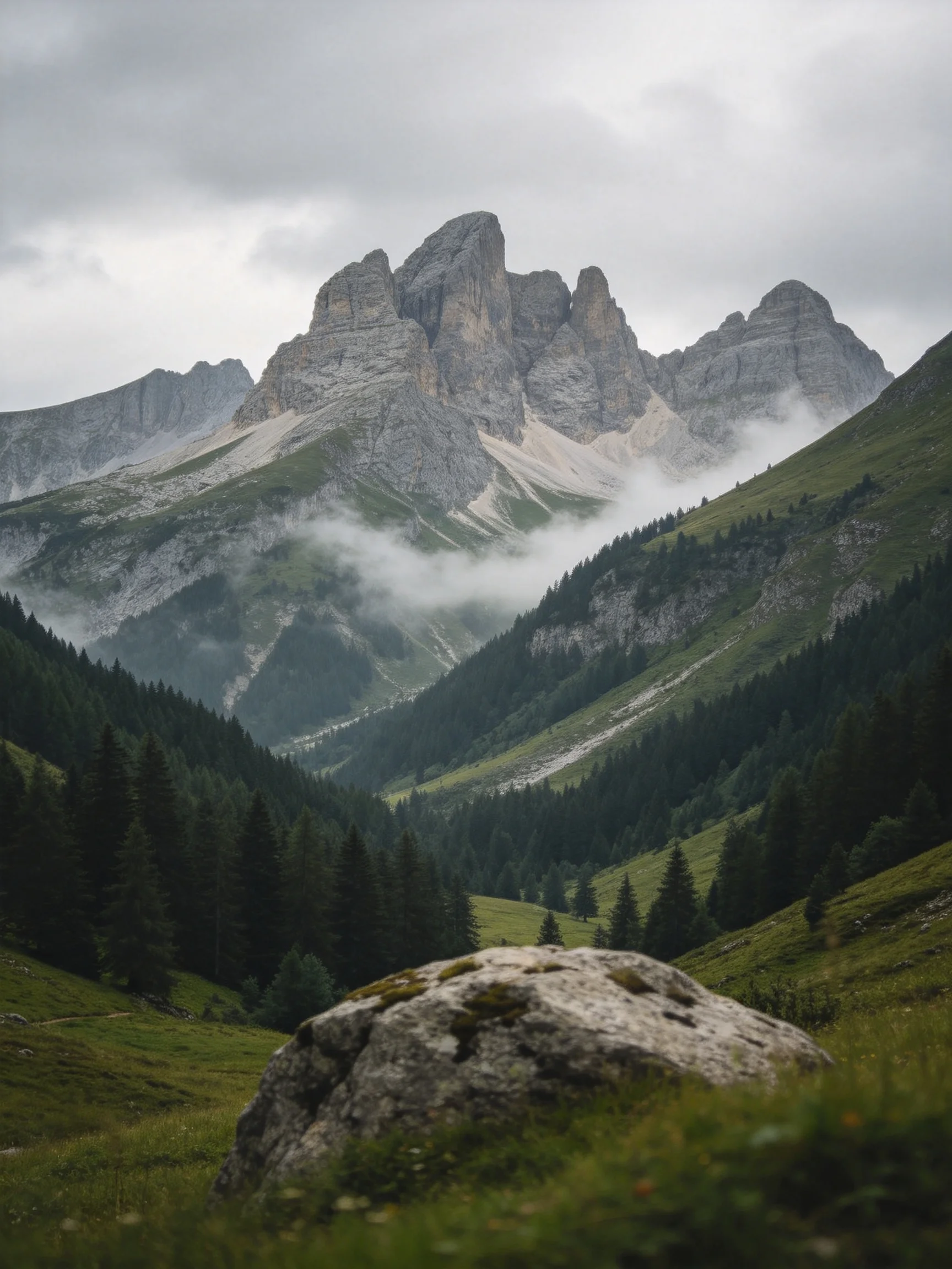 Majestic gray rock formations tower over misty green mountain valleys