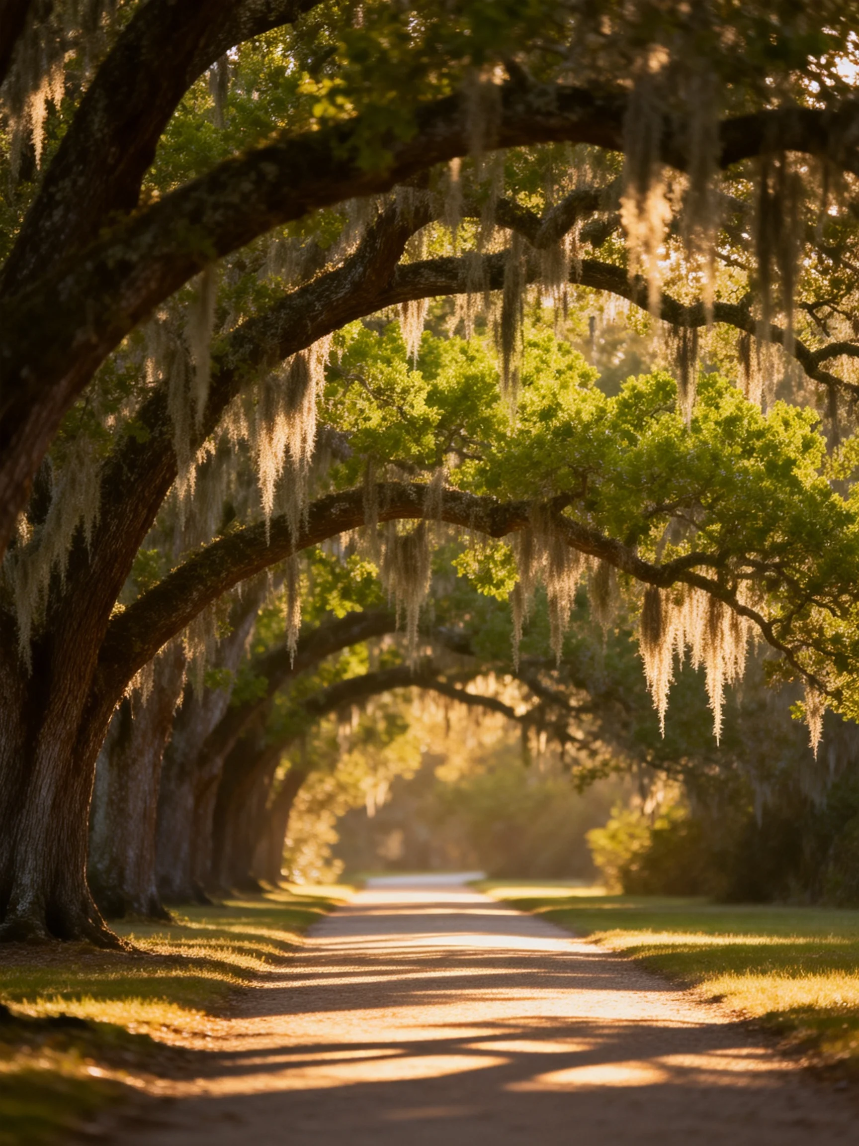 Majestic oak trees form an arched canopy over a sunlit pathway