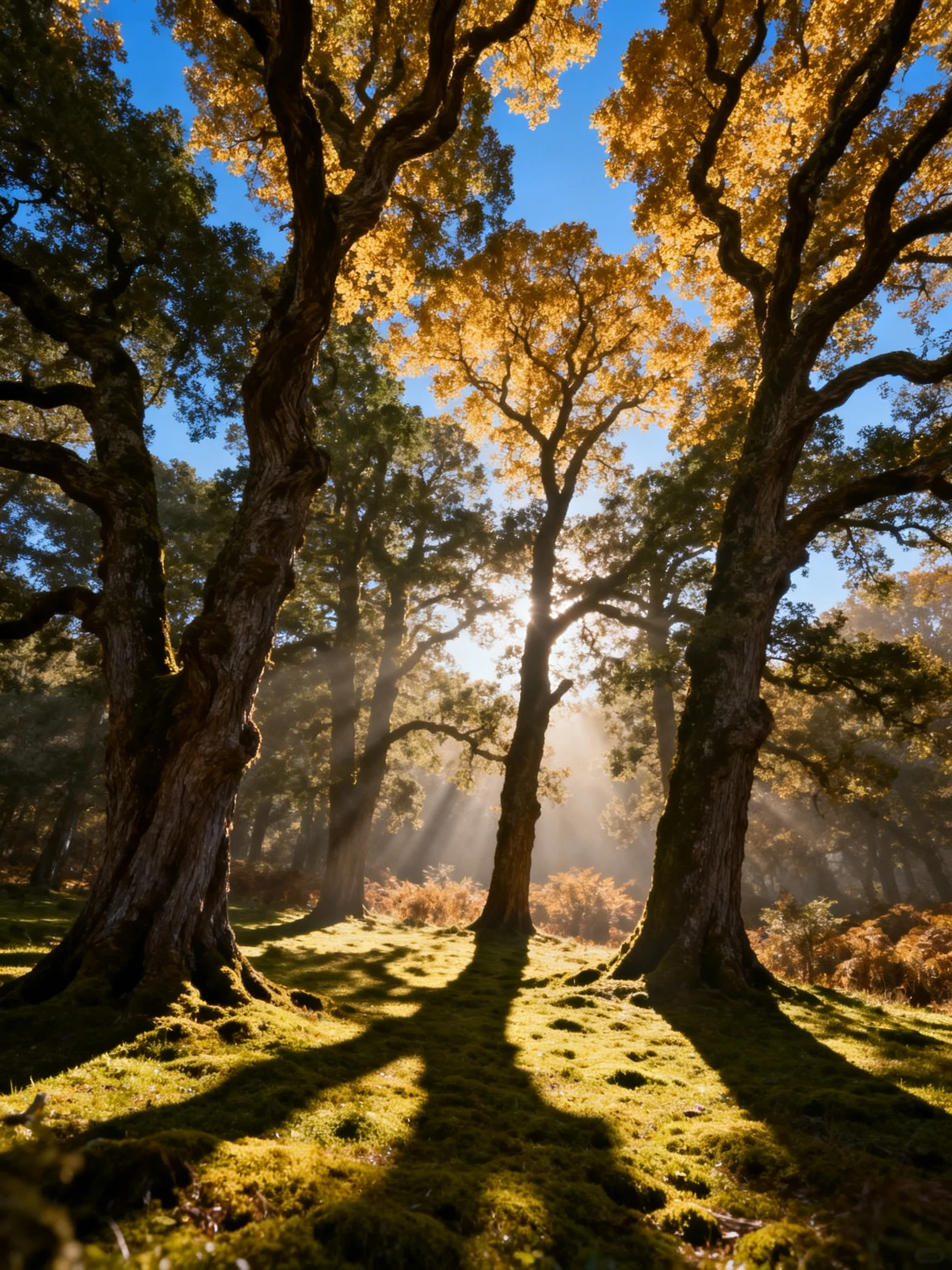 Majestic old oaks with golden foliage under sun rays