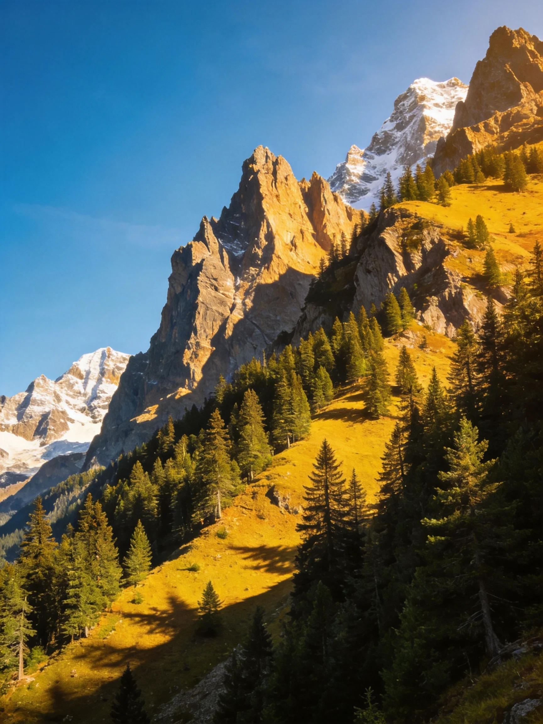 Majestic rocky peaks with snow caps, dense evergreen forests, golden alpine meadows