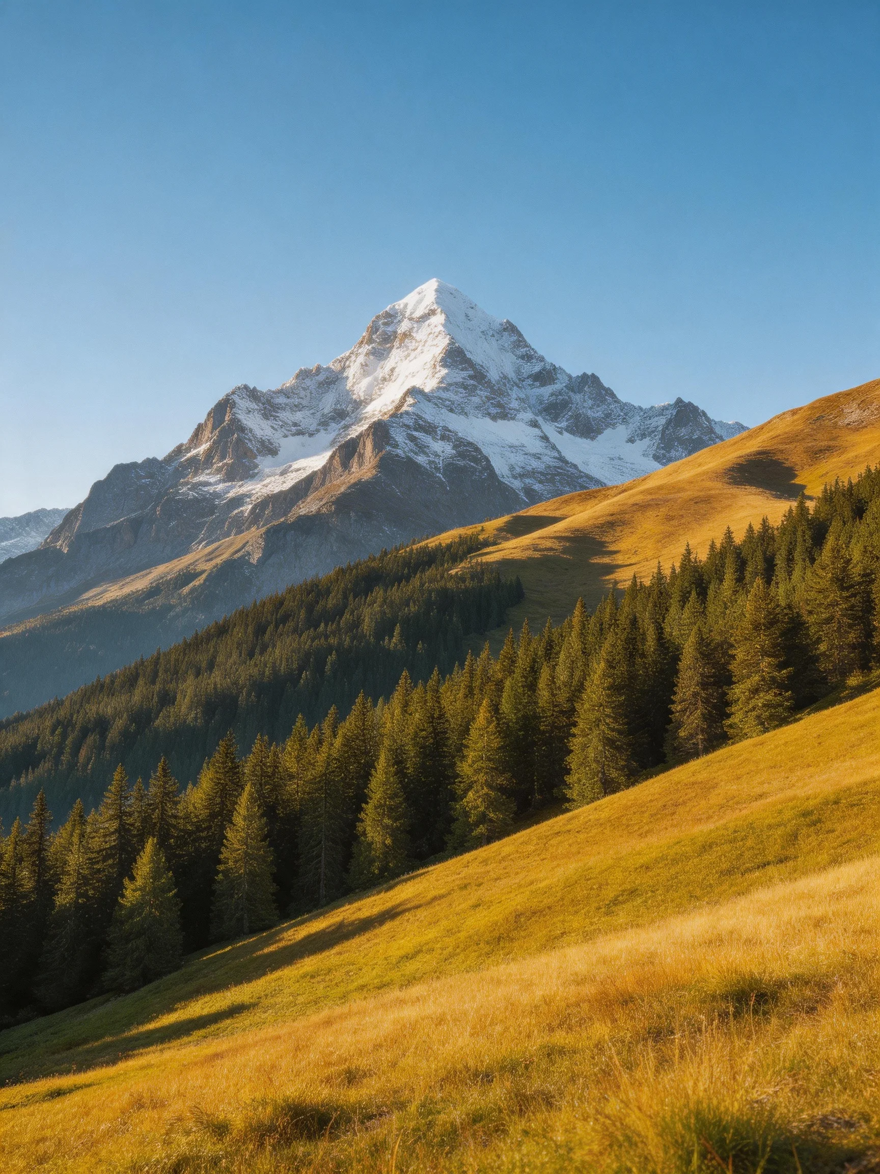 Majestic snow - capped mountain overlooks golden meadows and evergreen forests