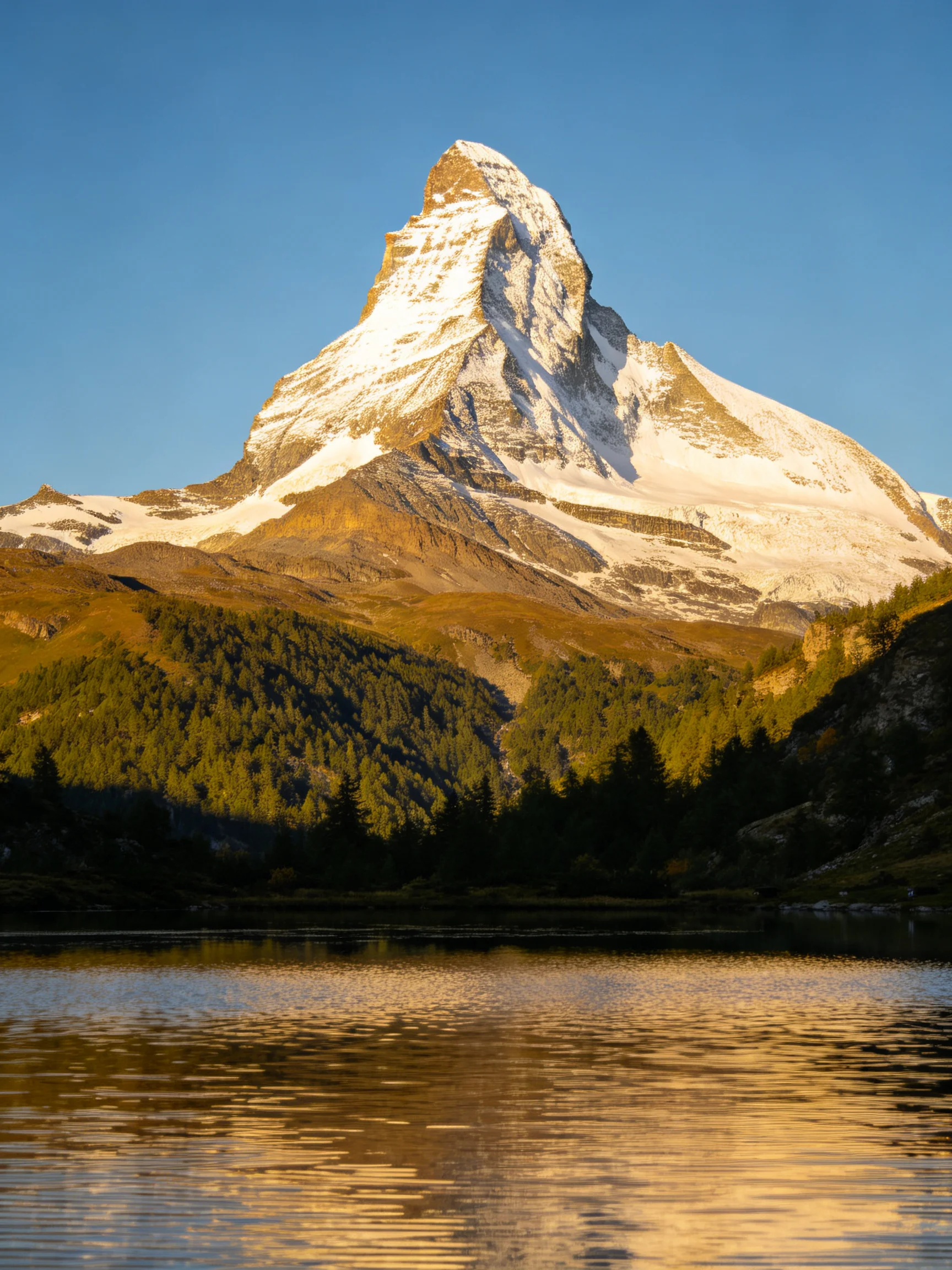 Majestic snow - capped mountain towers over serene alpine lake with forested hills