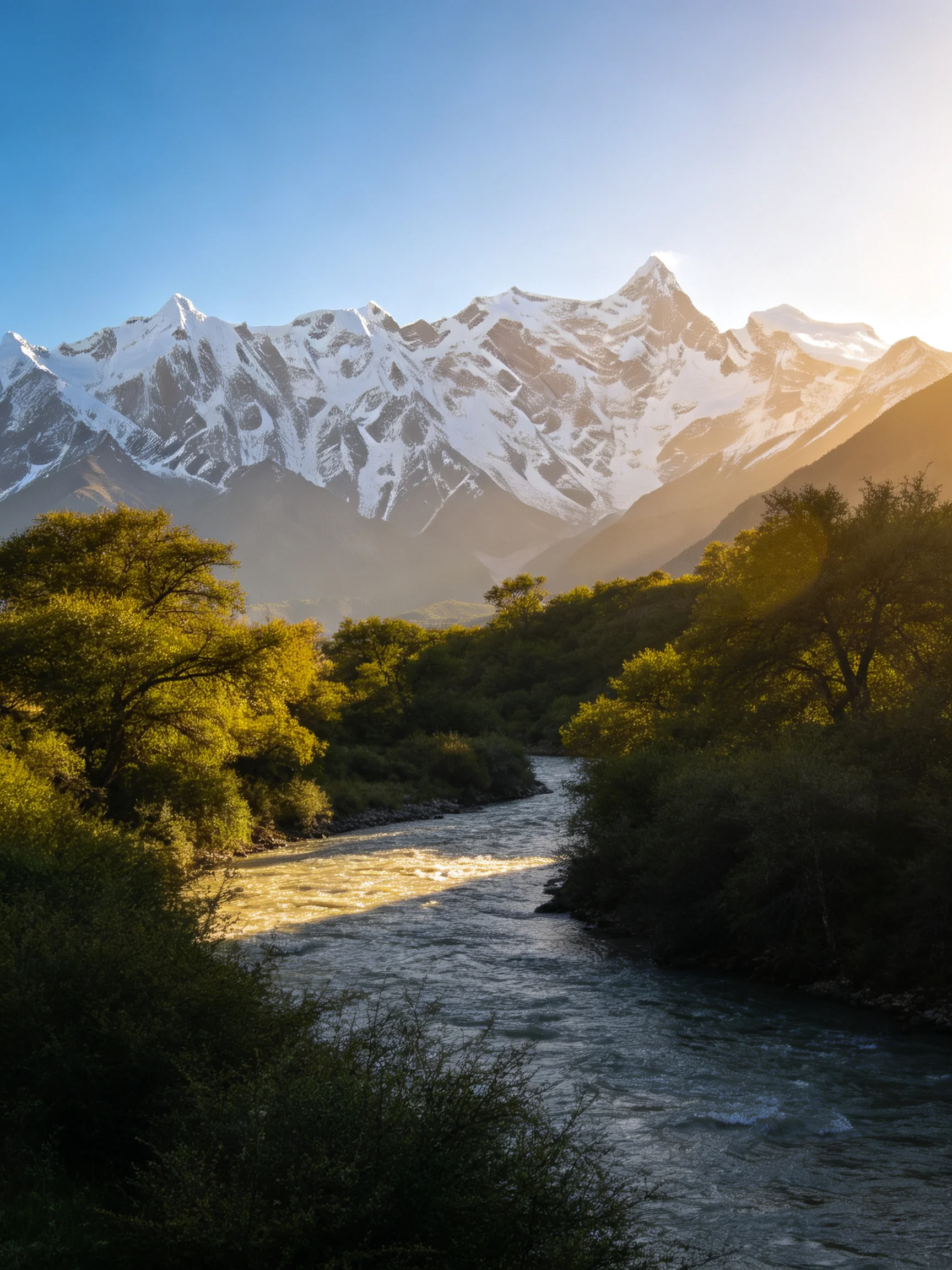 Majestic snow-capped mountain range, winding river, and lush greenery illuminated by golden sunlight