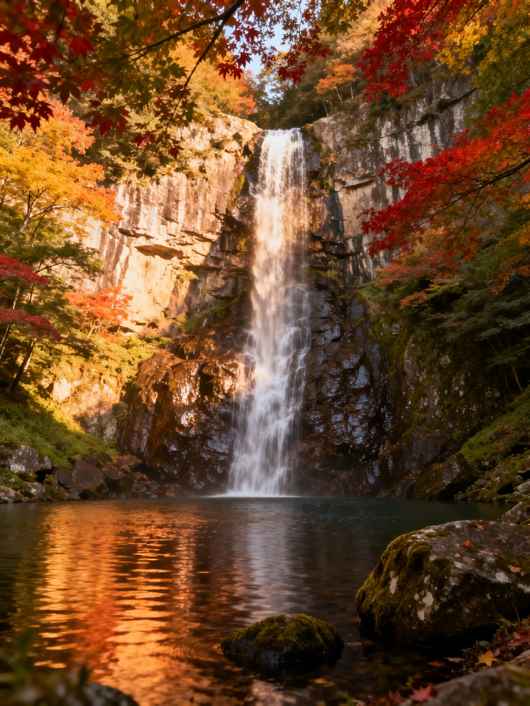 Majestic waterfall with colorful autumn trees and rocky cliffs