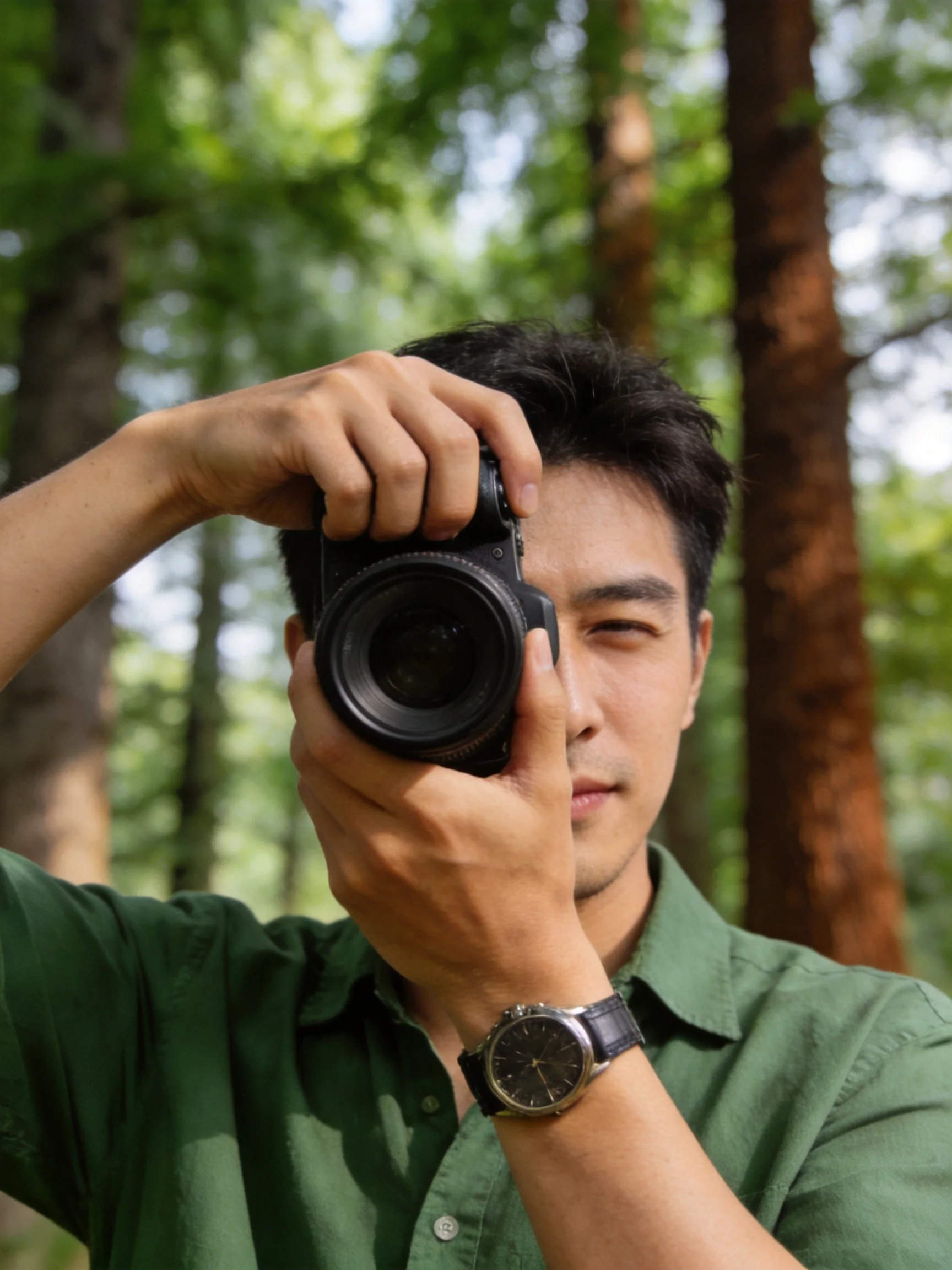 Man in green shirt photographing forest with black DSLR camera